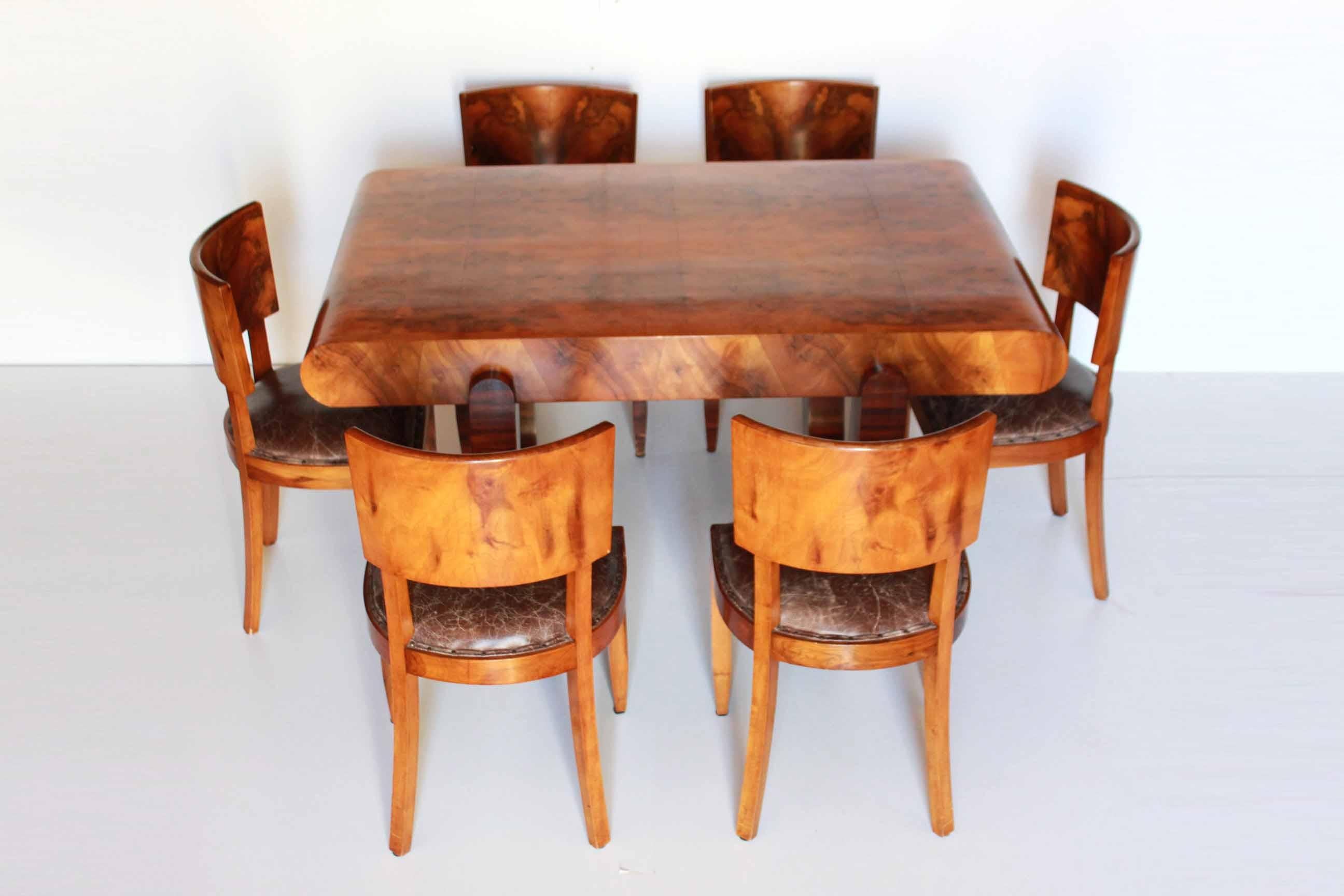 French 1930s Art Deco Dining Set; Table Plus Six Chairs