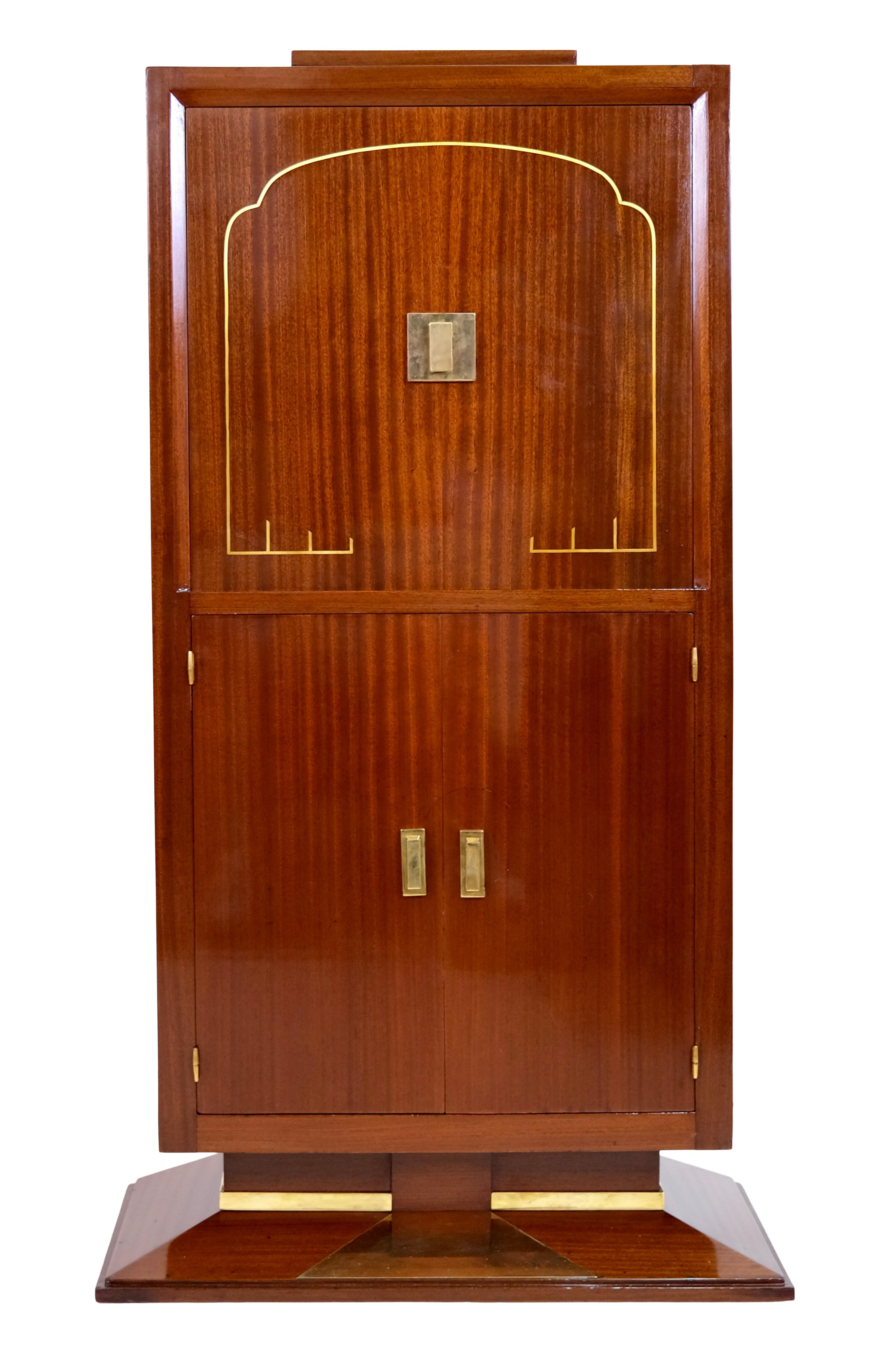 Art Deco Secretary
attributed to Maison Dominique 
Mahogany, shellac hand polished

Keyhole in the fitting

Original Art Deco, France 1930s

Dimensions:
Width, body: 60 cm
Width, base: 72 cm
Height: 131 cm
Depth, base: 30 cm
Depth, base: 36 cm