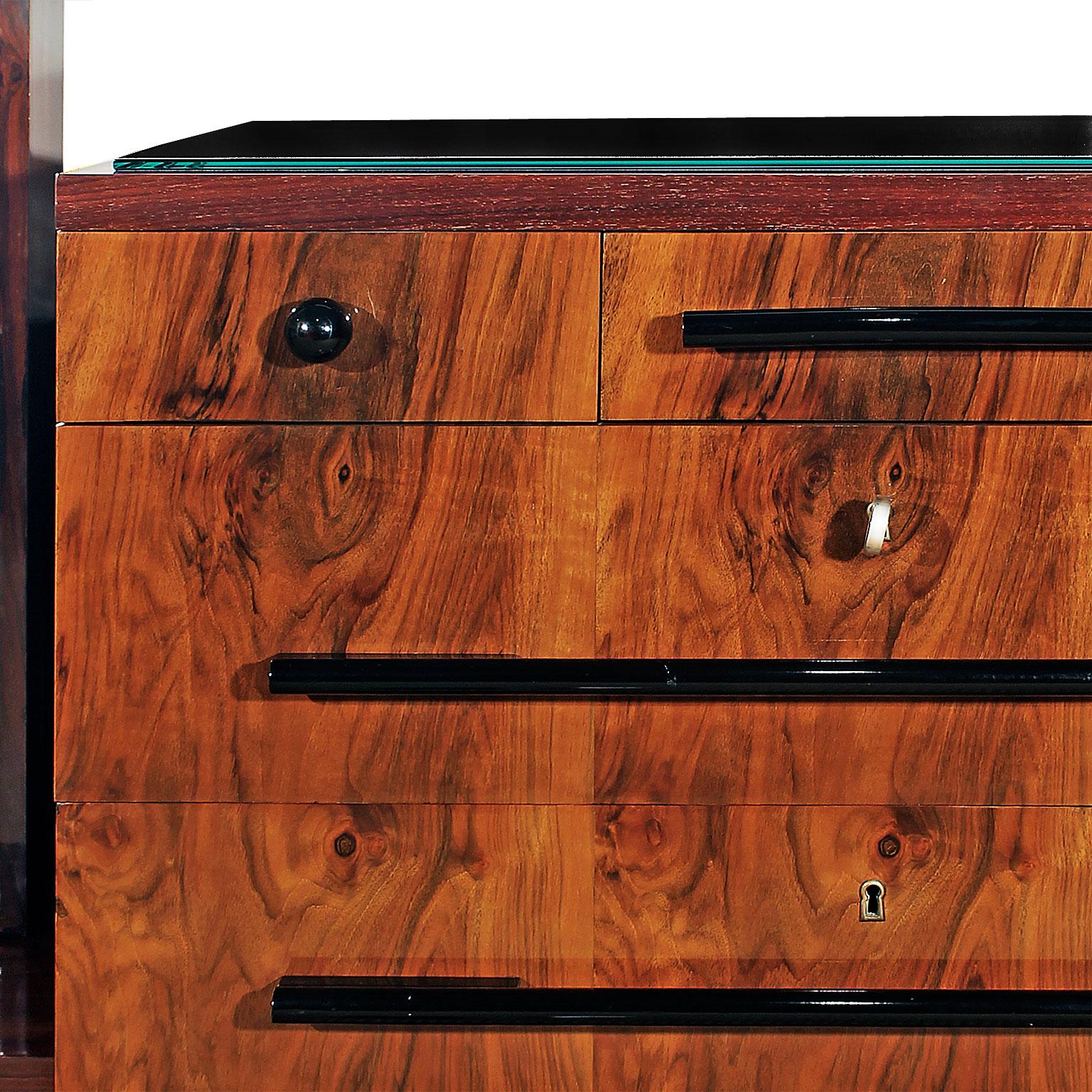 1930s Art Deco Double Chest of Drawers, Mirror, Walnut, Mahogany - Italy In Good Condition For Sale In Girona, ES
