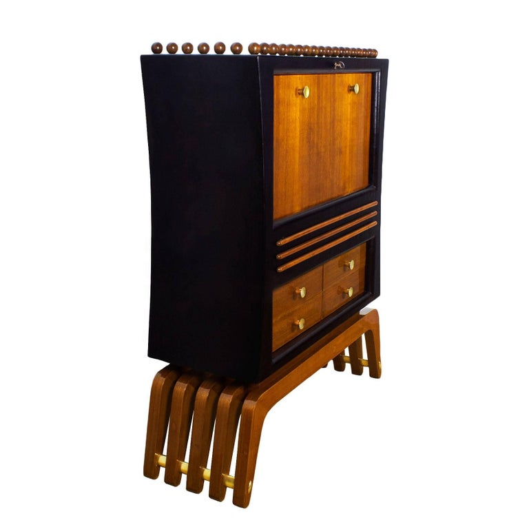 Italian 1930s Art Deco Dry Bar, African Mahogany, Leather, Mirror, Glass, Brass, Italy For Sale