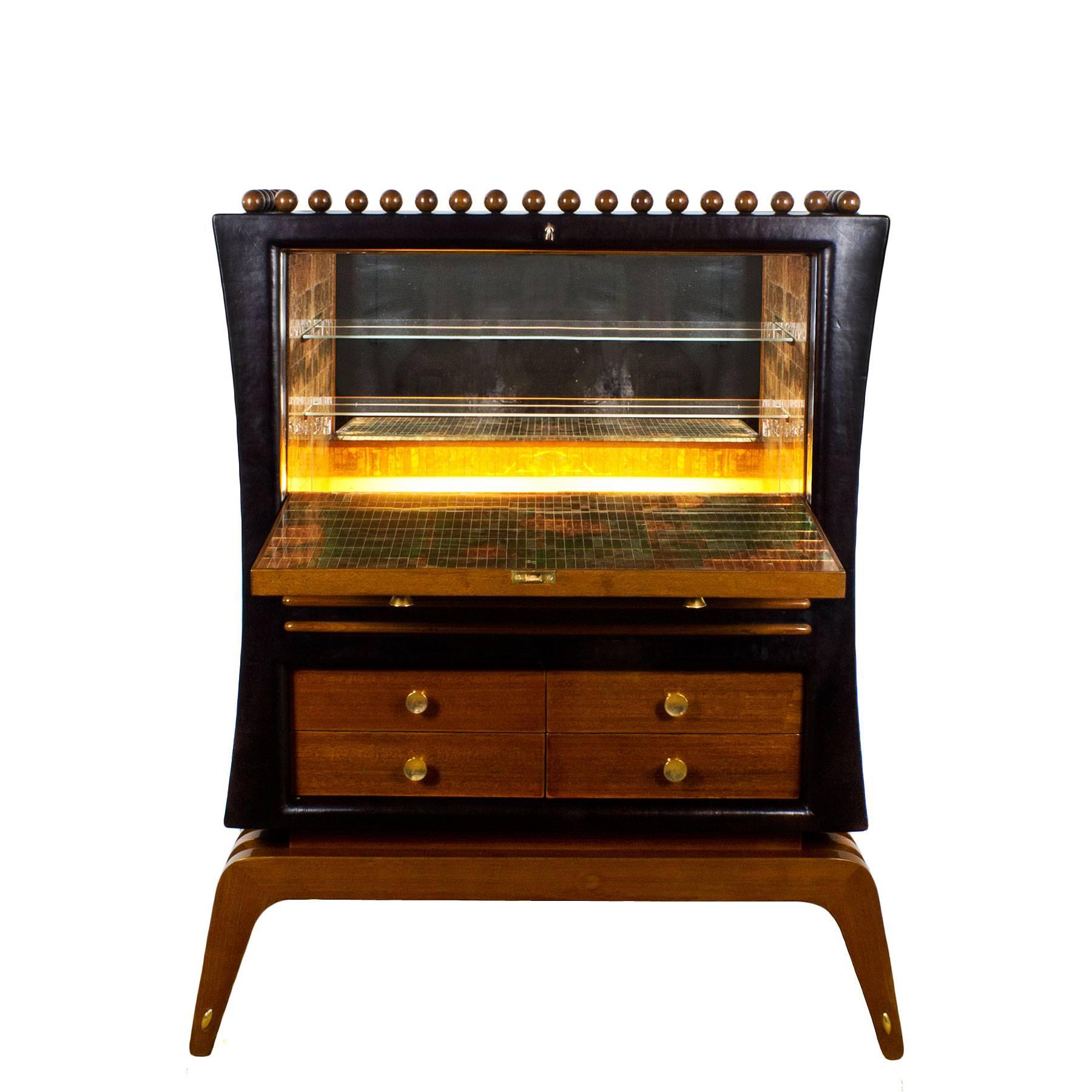 1930s Art Deco Dry Bar, African Mahogany, Leather, Mirror, Glass, Brass - Italy In Good Condition In Girona, Girona