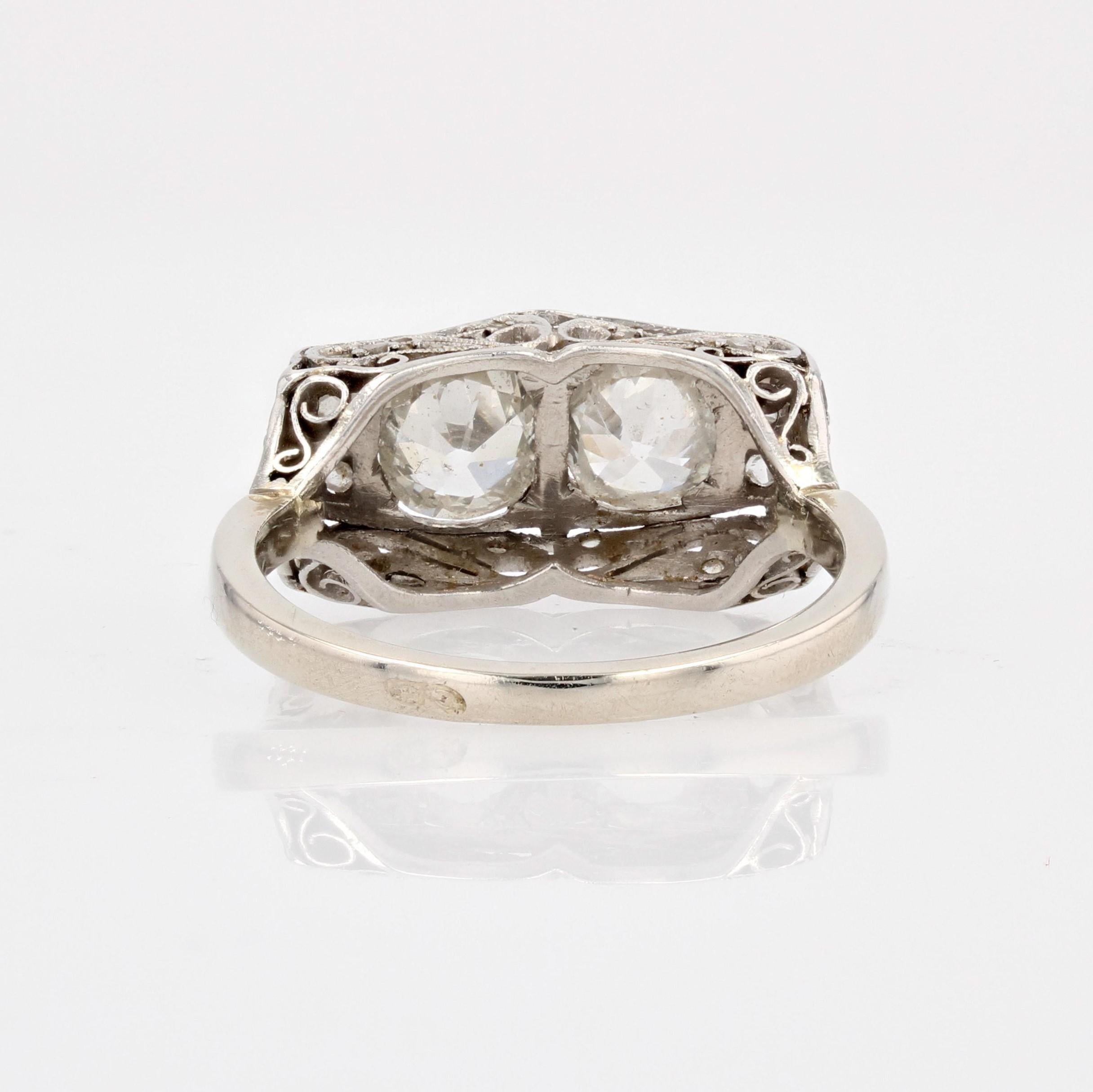 1930s Art Deco Duo 1 Carat Diamond 18 Karat White Gold Platinum Ring For Sale 5