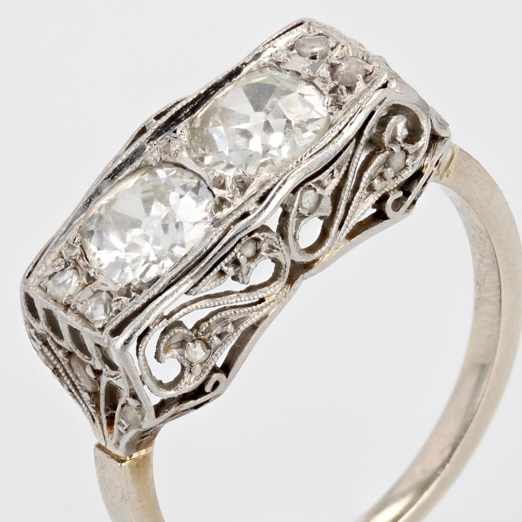Women's 1930s Art Deco Duo 1 Carat Diamond 18 Karat White Gold Platinum Ring For Sale