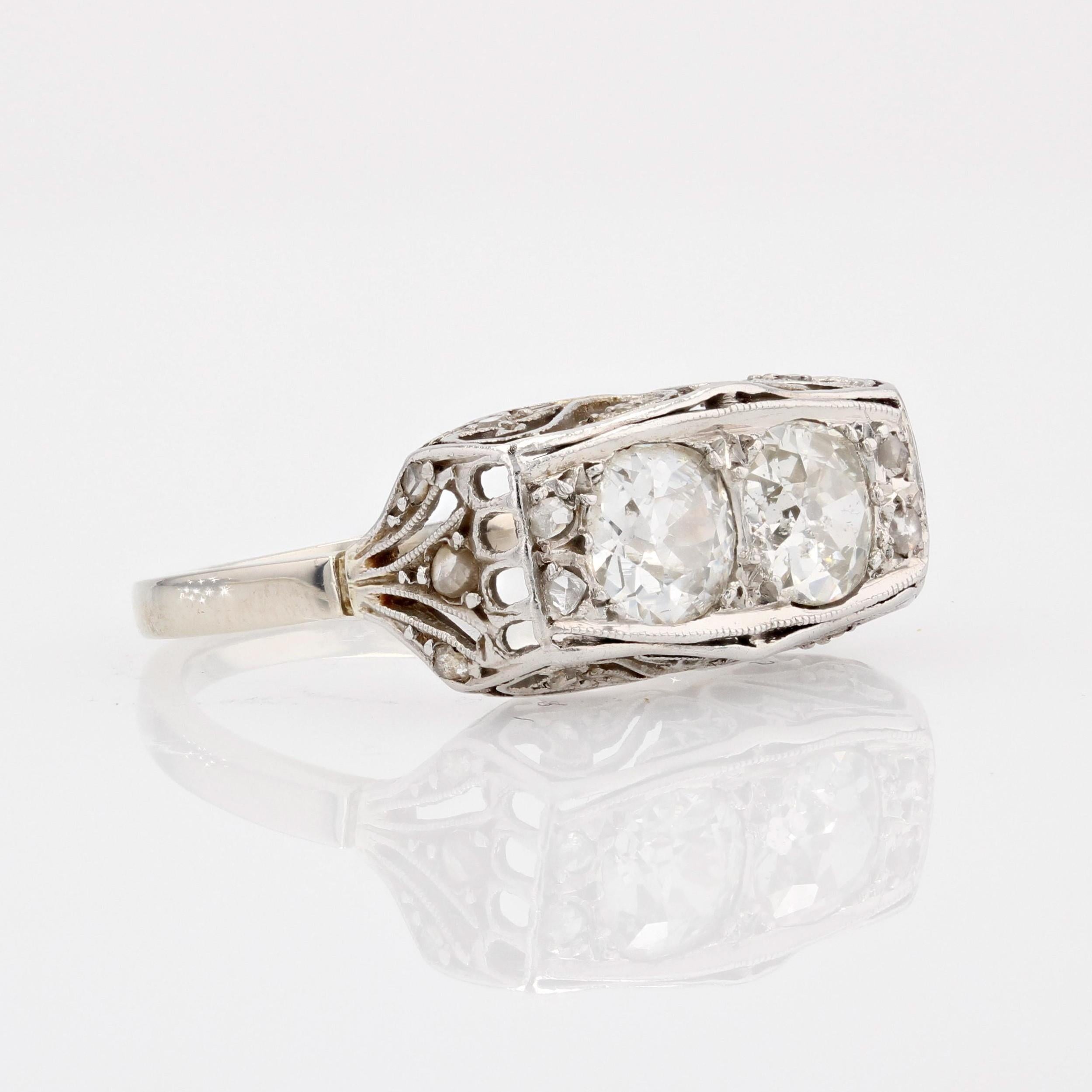 1930s Art Deco Duo 1 Carat Diamond 18 Karat White Gold Platinum Ring For Sale 1