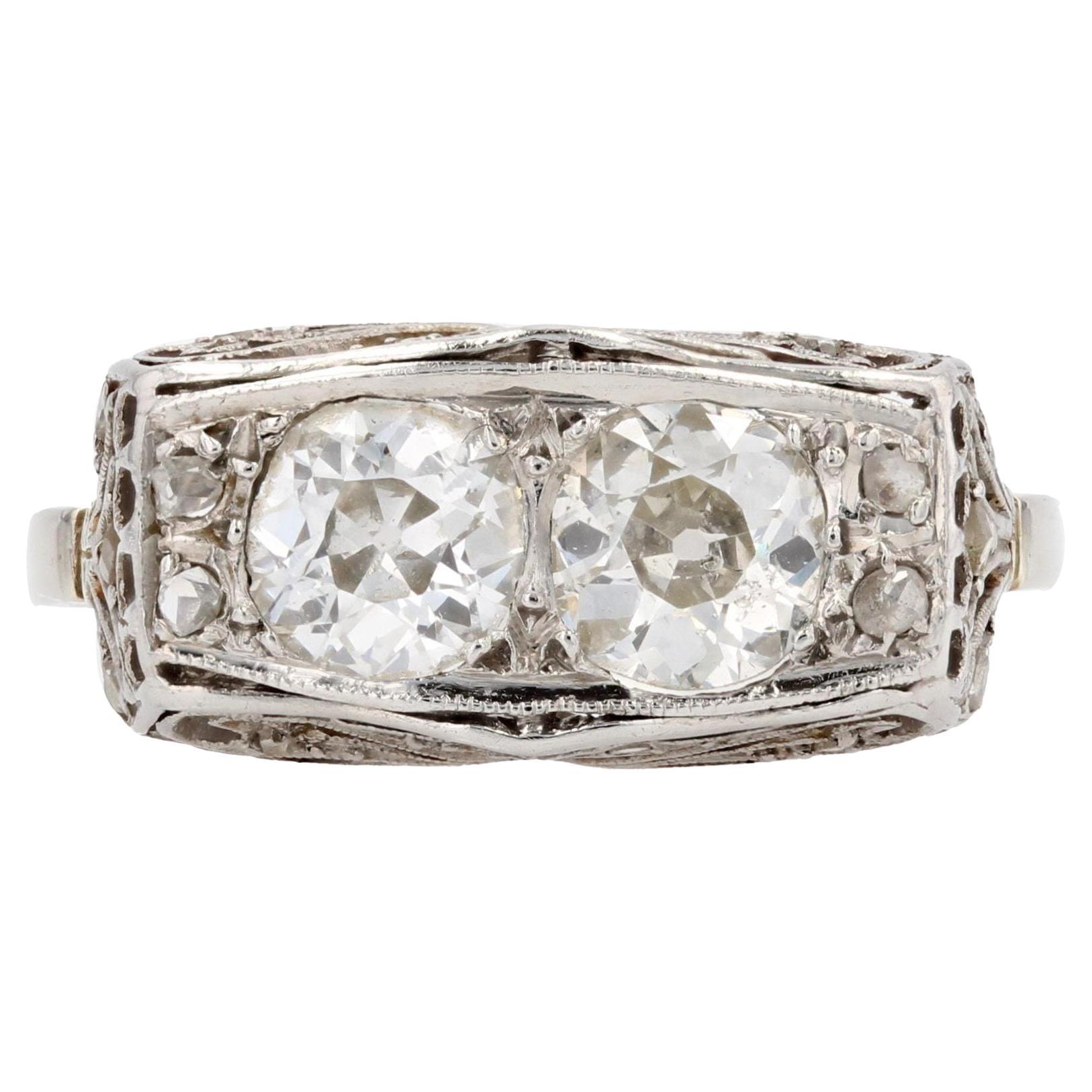 1930s Art Deco Duo 1 Carat Diamond 18 Karat White Gold Platinum Ring