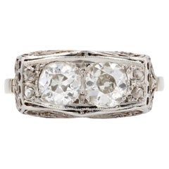 Vintage 1930s Art Deco Duo 1 Carat Diamond 18 Karat White Gold Platinum Ring