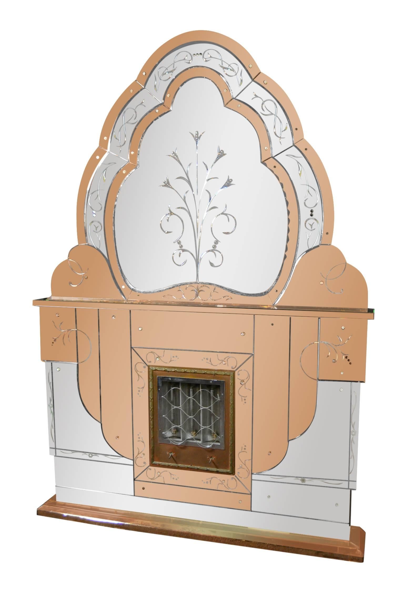 1930s Art Deco Electric Fireplace with Beveled Two Colored Overmantel Mirror For Sale 6