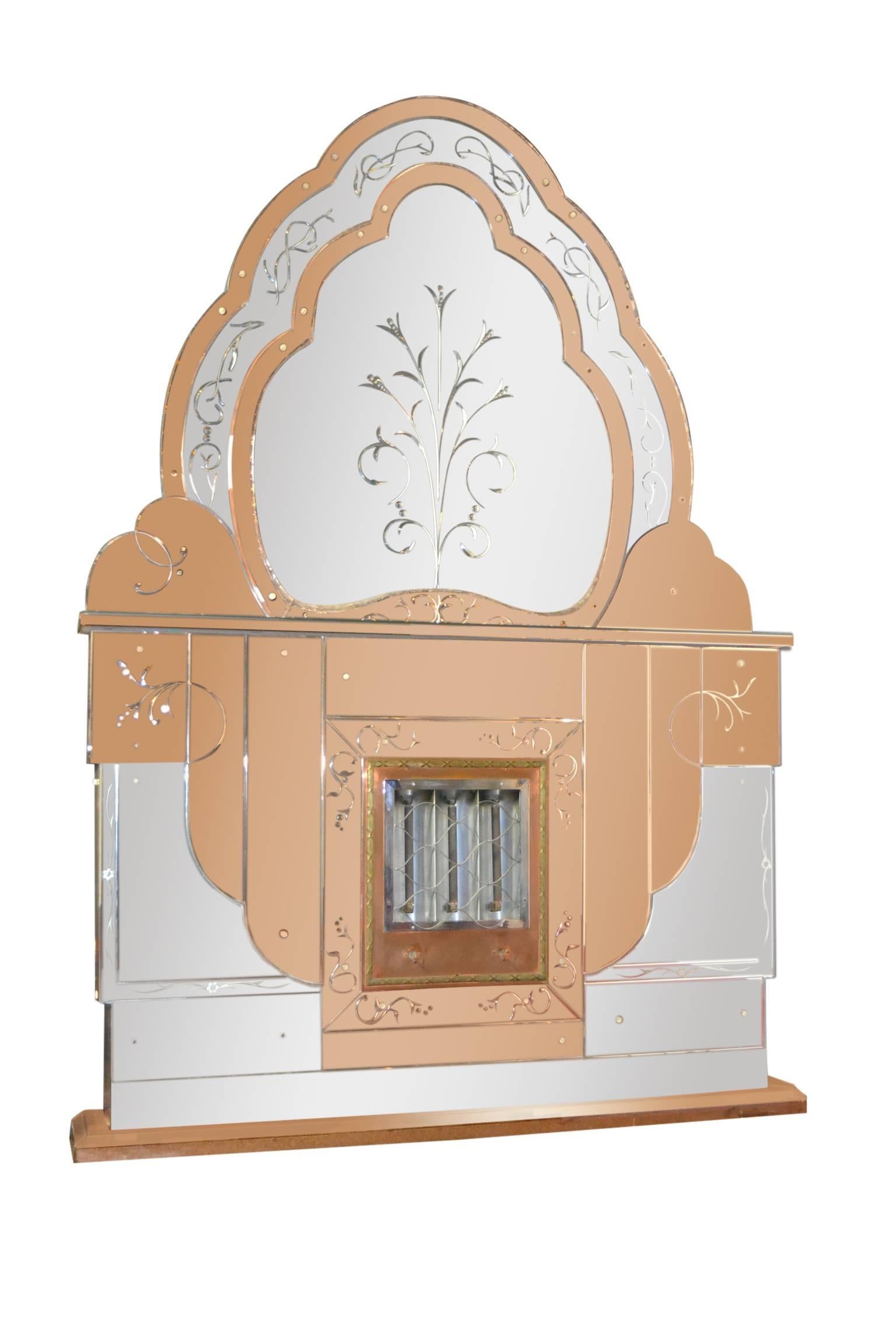 20th Century 1930s Art Deco Electric Fireplace with Beveled Two Colored Overmantel Mirror For Sale