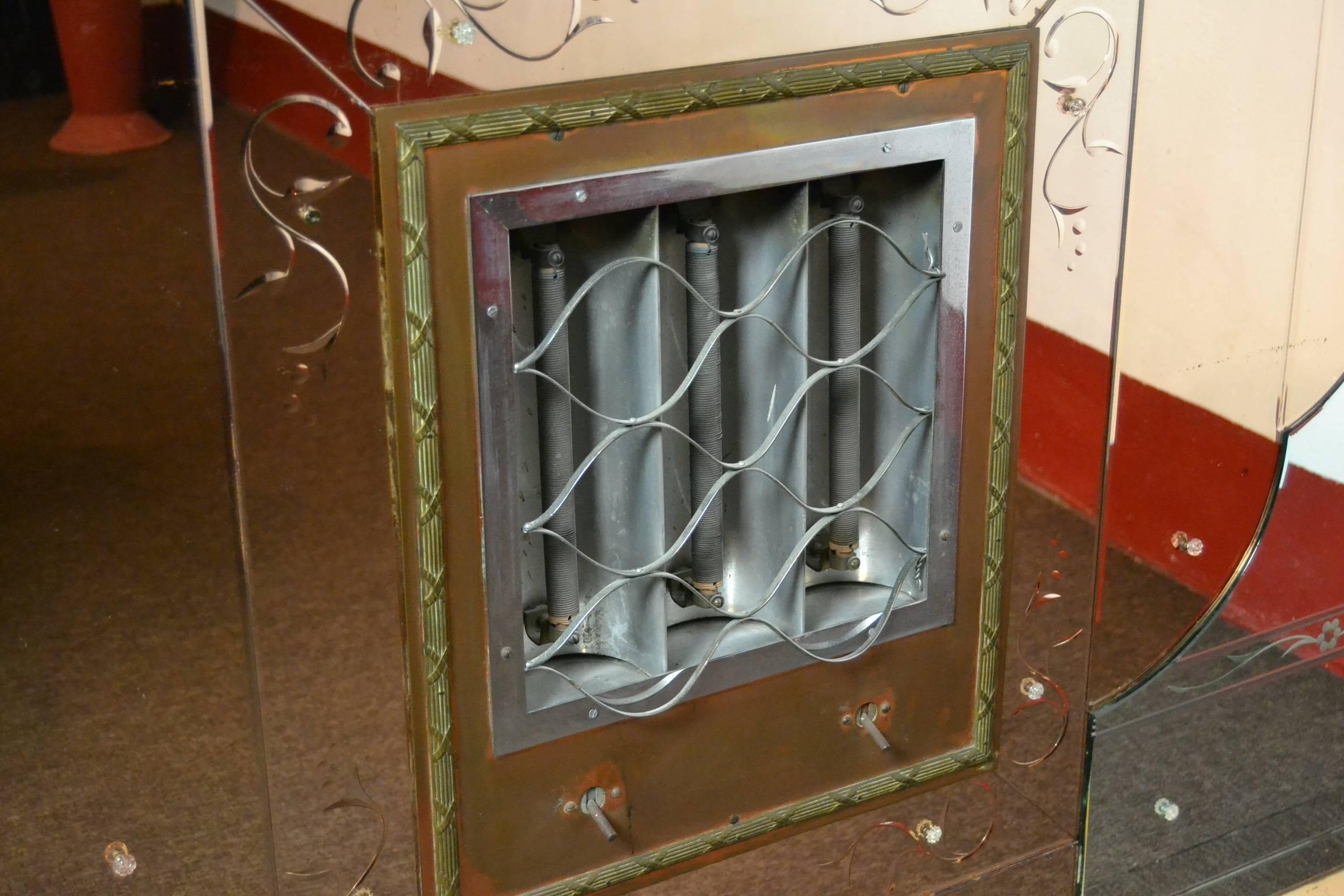 Copper 1930s Art Deco Electric Fireplace with Beveled Two Colored Overmantel Mirror For Sale