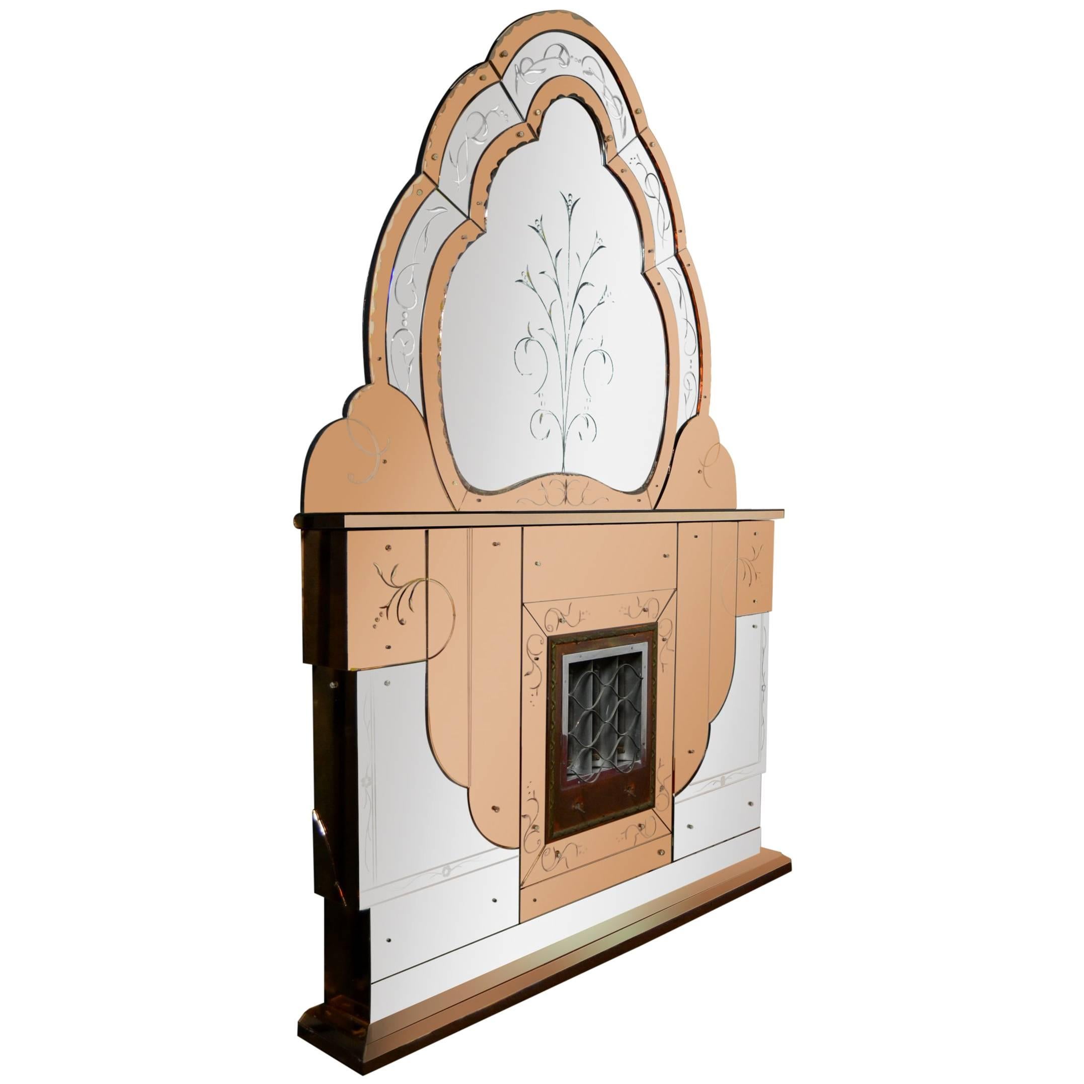 1930s Art Deco Electric Fireplace with Beveled Two Colored Overmantel Mirror For Sale