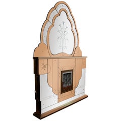 Used 1930s Art Deco Electric Fireplace with Beveled Two Colored Overmantel Mirror