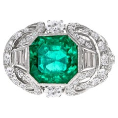 Art Deco Antique Certified Emerald and Diamond Cocktail Ring