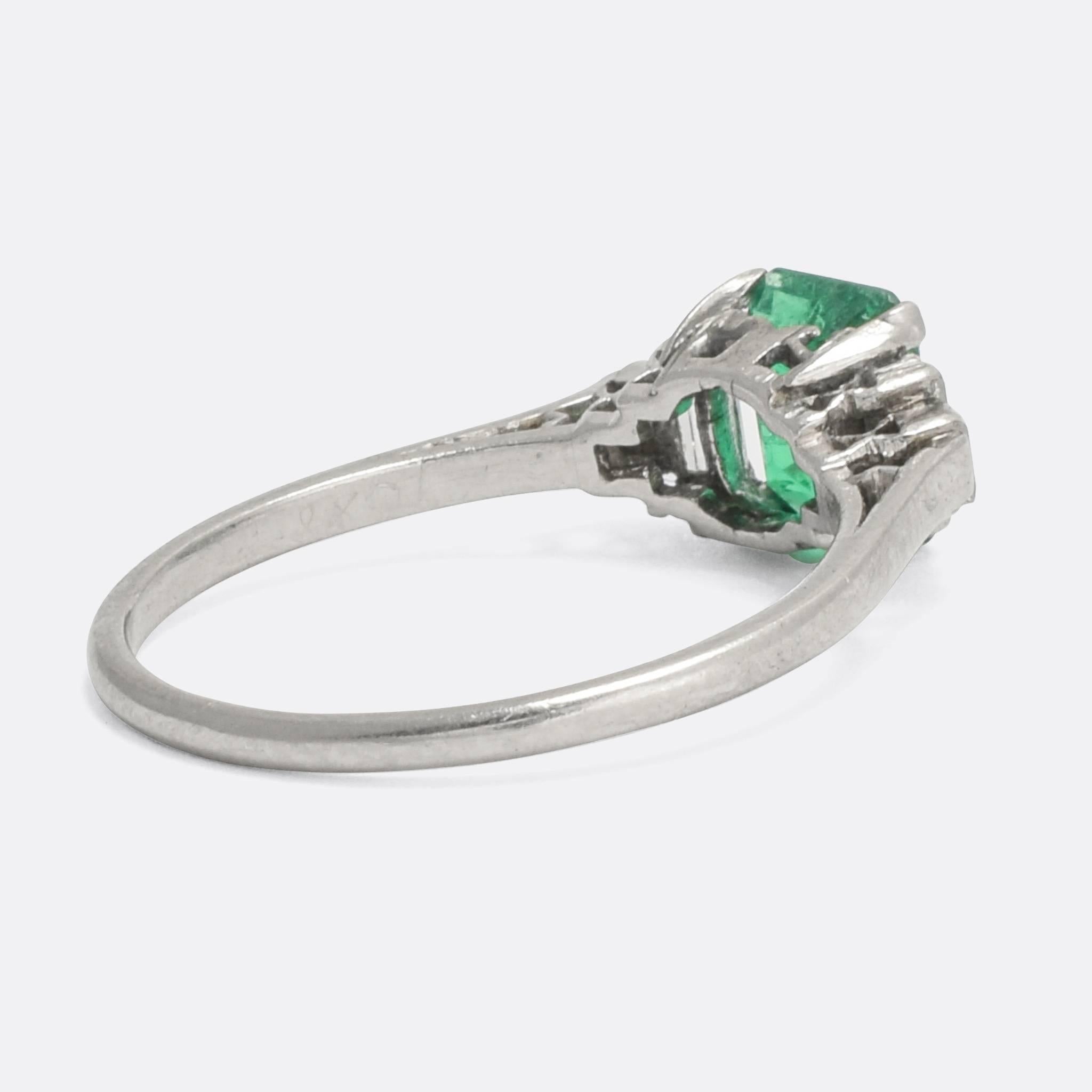 Emerald Cut 1930s Art Deco Emerald Baguette Diamond Engagement Ring
