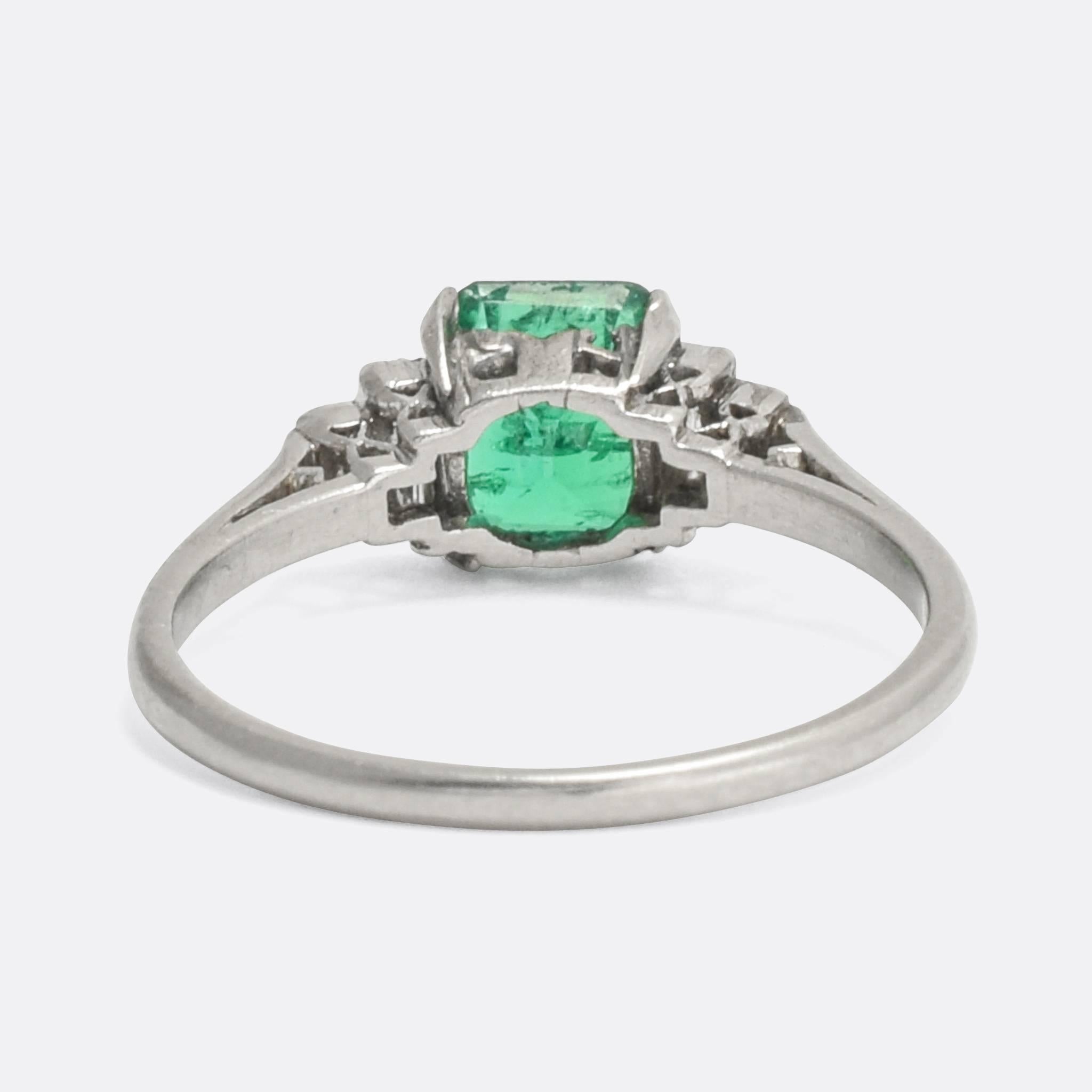 1930s Art Deco Emerald Baguette Diamond Engagement Ring In Excellent Condition In Sale, Cheshire