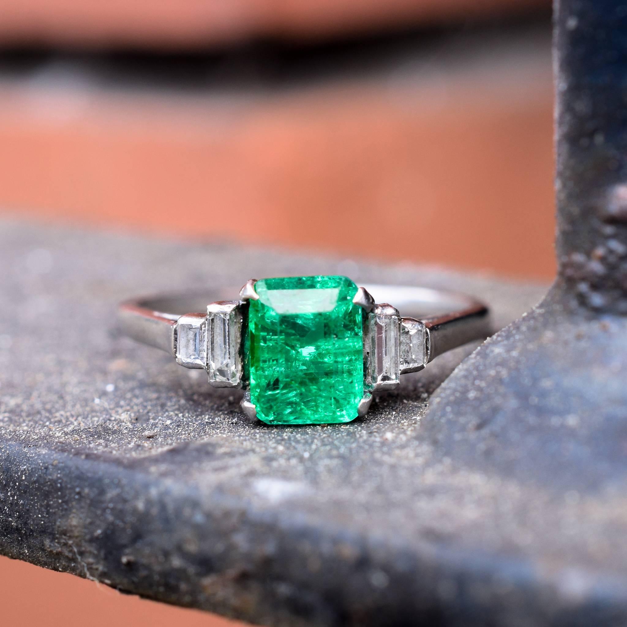 1930s Art Deco Emerald Baguette Diamond Engagement Ring 2
