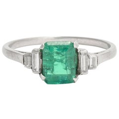 1930s Art Deco Emerald Baguette Diamond Engagement Ring