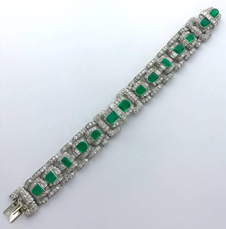 Rare and Elegant. This Art Deco Emerald and Diamond on Platinum Bracelet is stunning.
Circa 1930.
