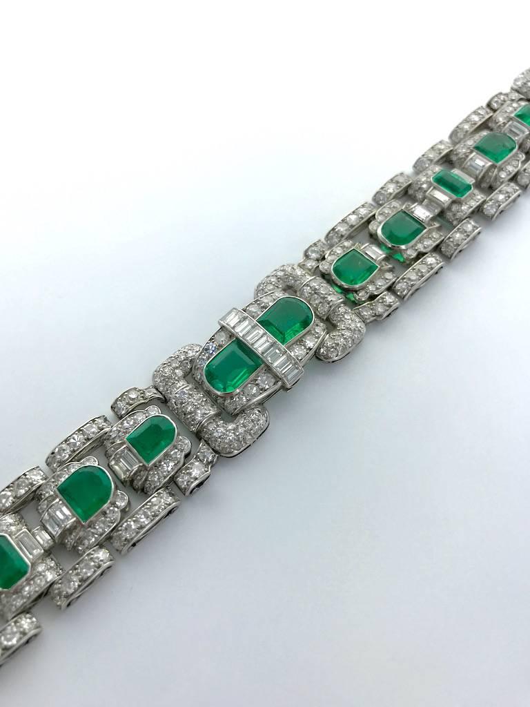 Women's or Men's 1930s Art Deco Emerald Diamond Platinum Bracelet