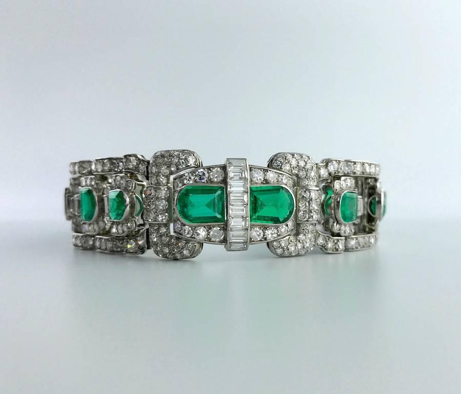 1930s Art Deco Emerald Diamond Platinum Bracelet 1