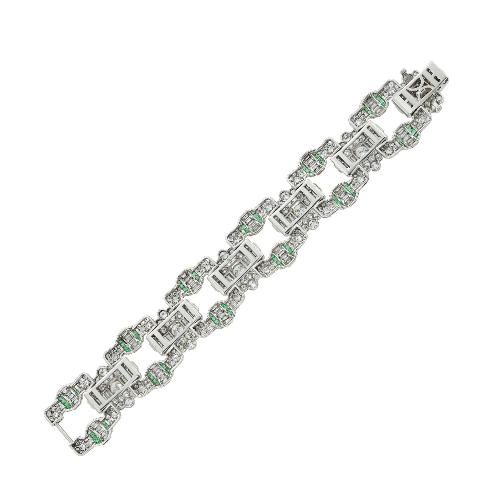 Brilliant Cut 1930s Art Deco Emerald Diamond Platinum Geometric Panel Bracelet For Sale