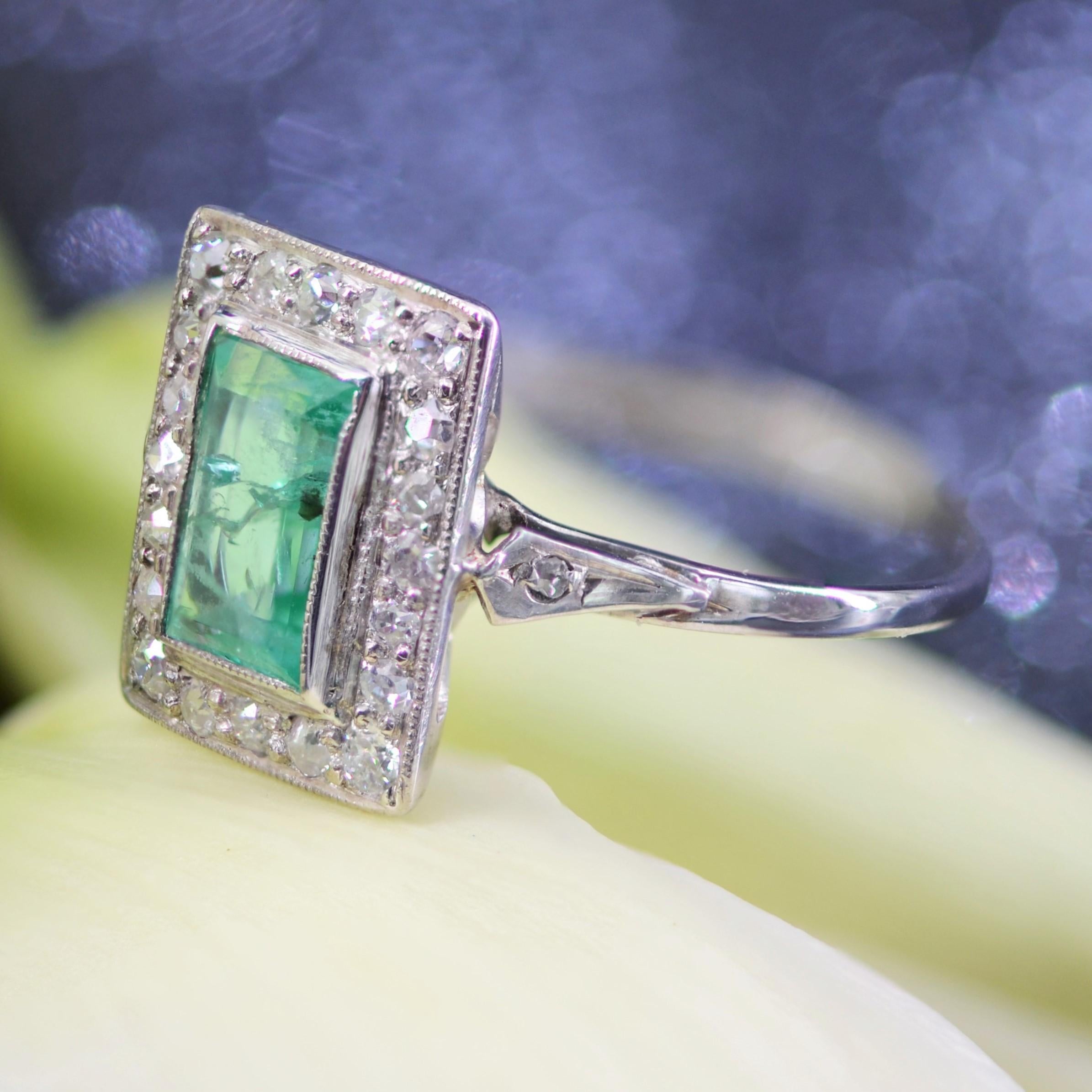 1930s, Art Deco Emerald Diamonds Platinum Ring 8