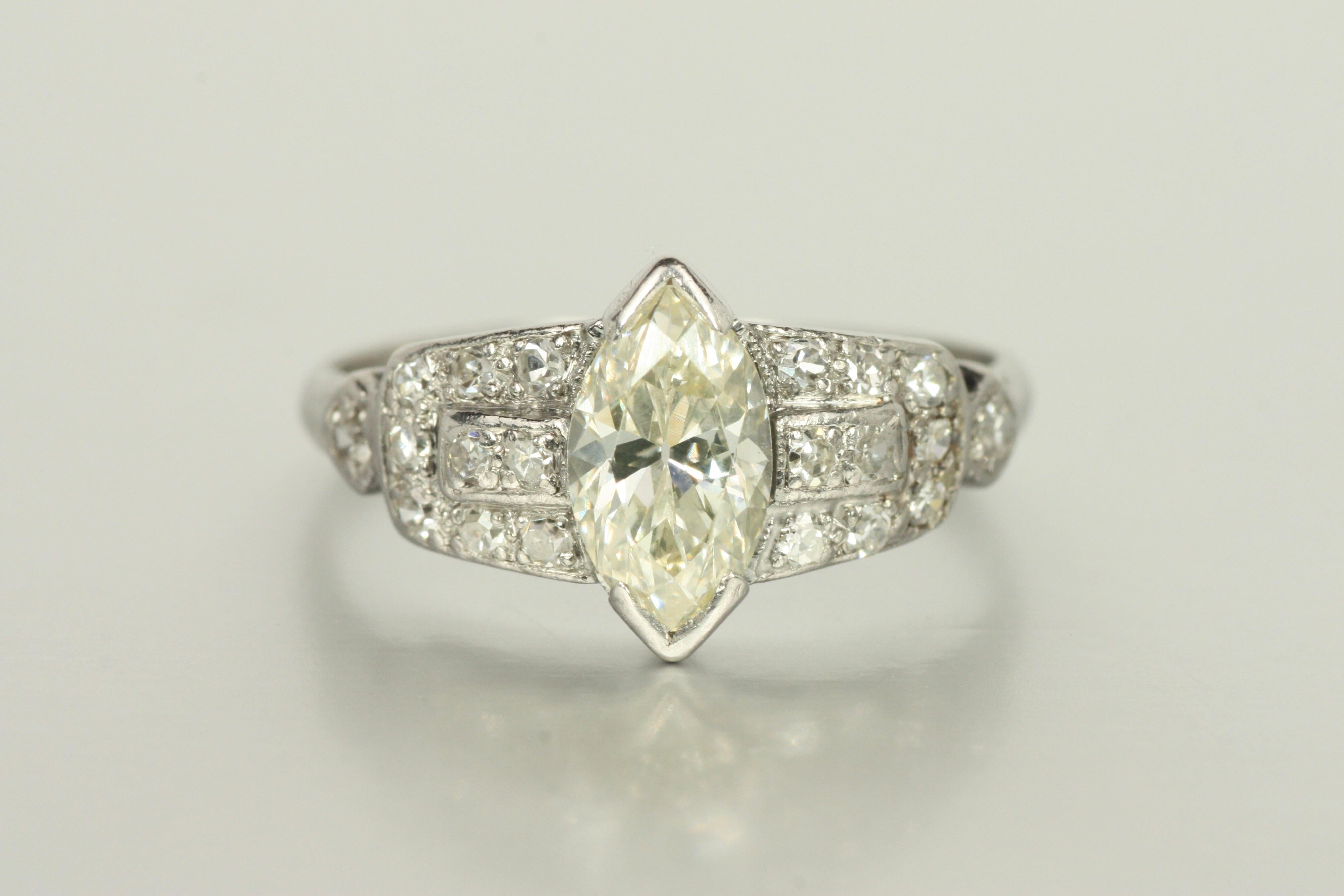 1930s Art Deco Engagement Band Ring – 0.80cttw Marquise Cut & Round Diamonds For Sale 4