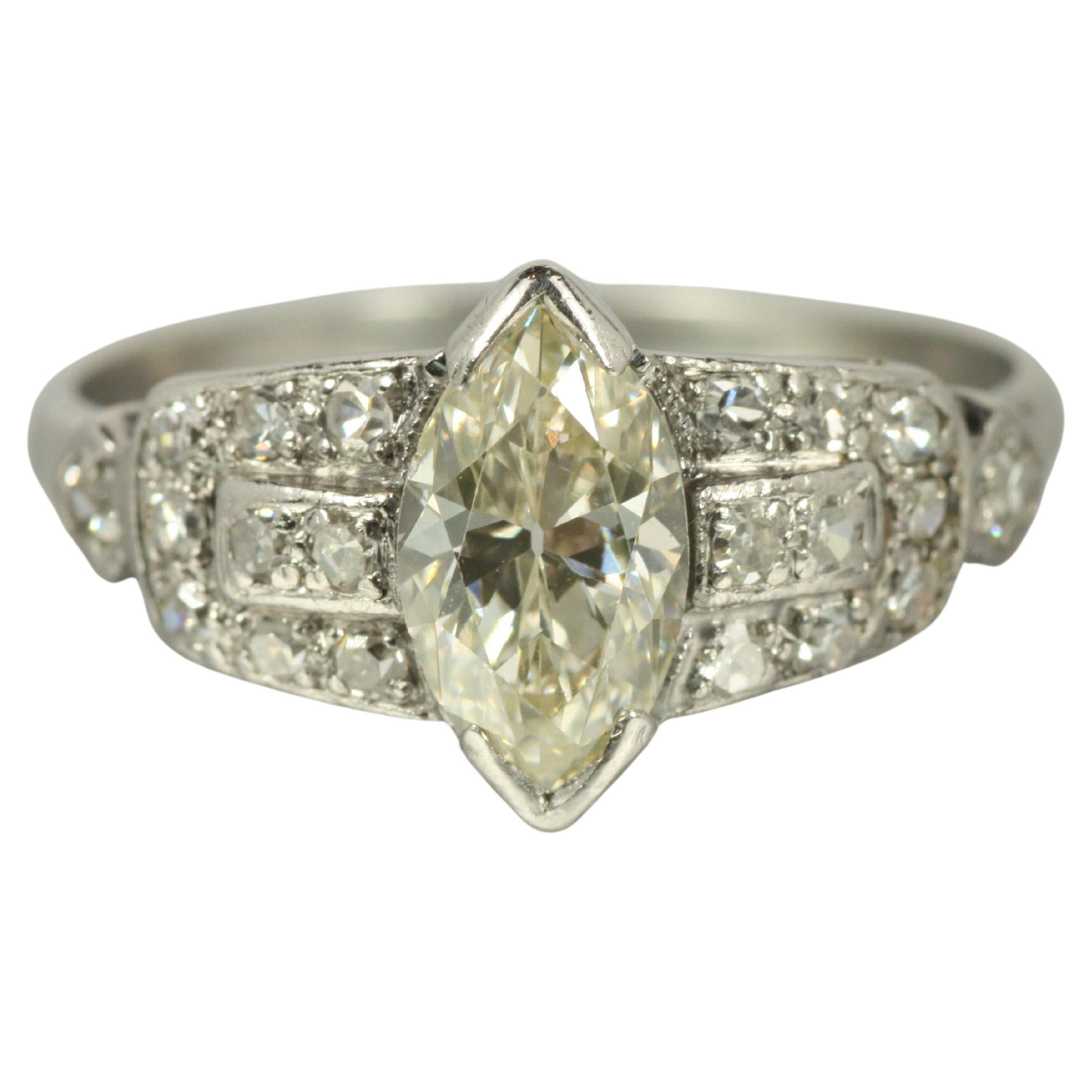 1930s Art Deco Engagement Band Ring – 0.80cttw Marquise Cut & Round Diamonds For Sale