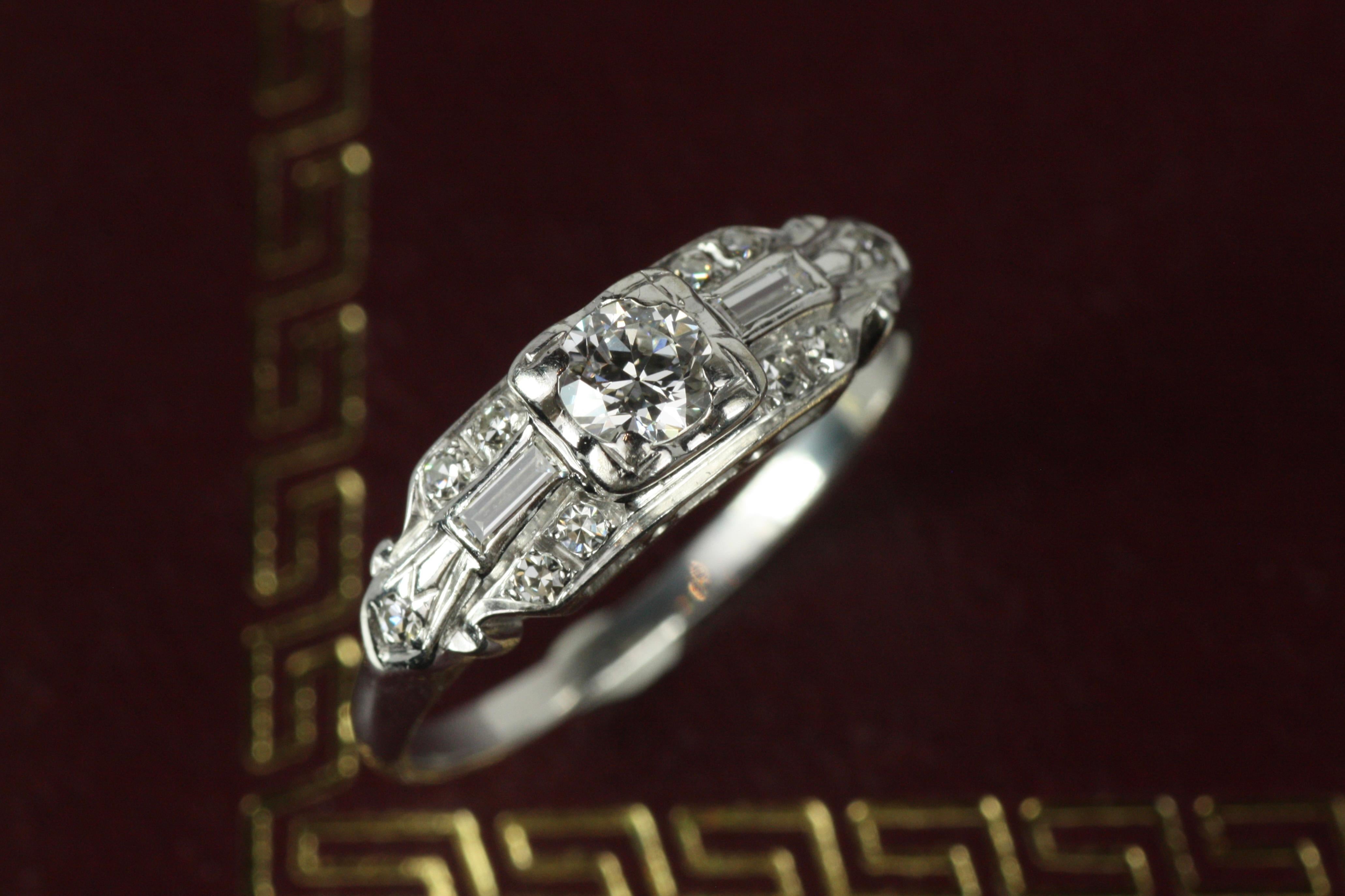 Old European Cut 1930s Art Deco Engagement Ring – 0.50ct Old European, Baguette & Round Diamonds For Sale