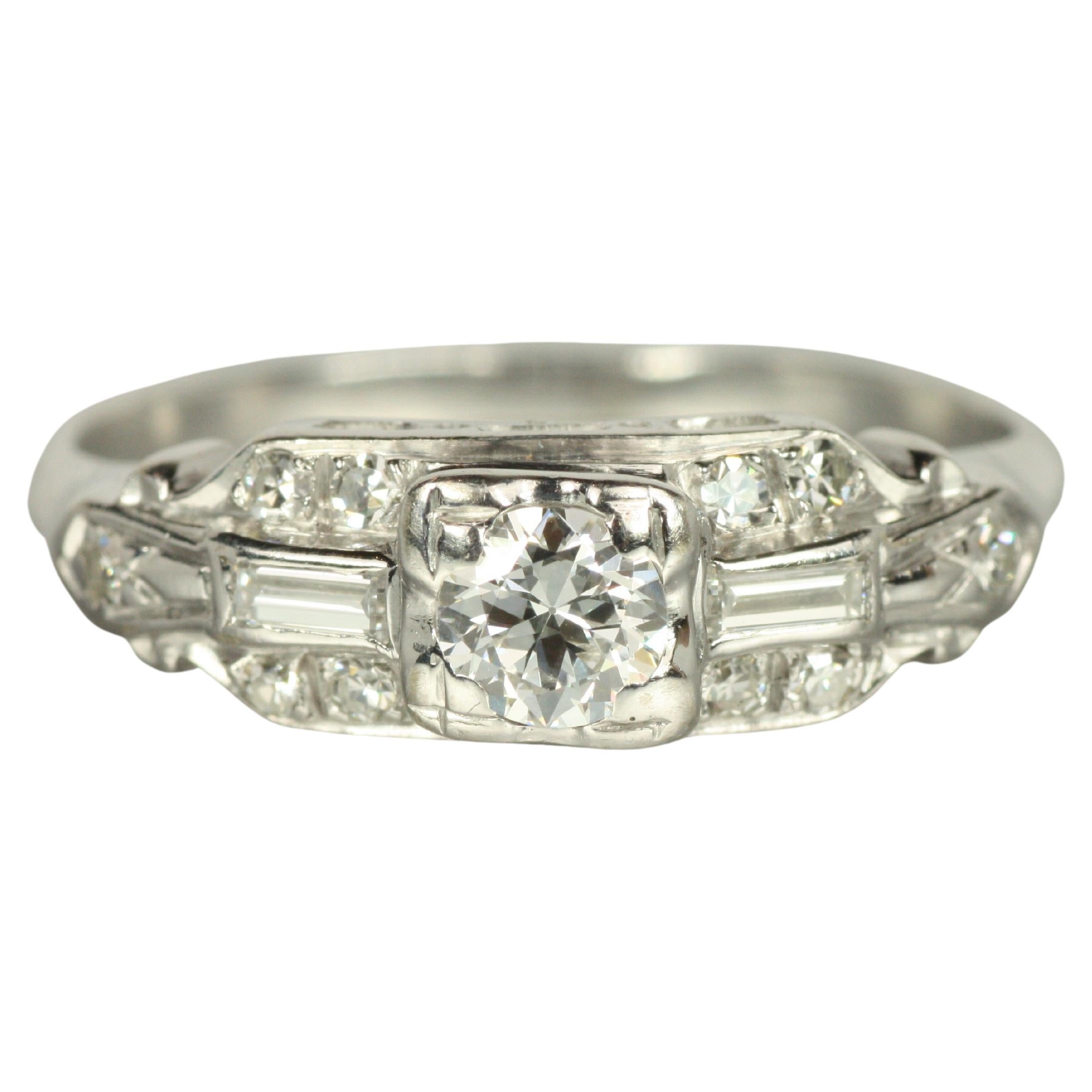 1930s Art Deco Engagement Ring – 0.50ct Old European, Baguette & Round Diamonds For Sale