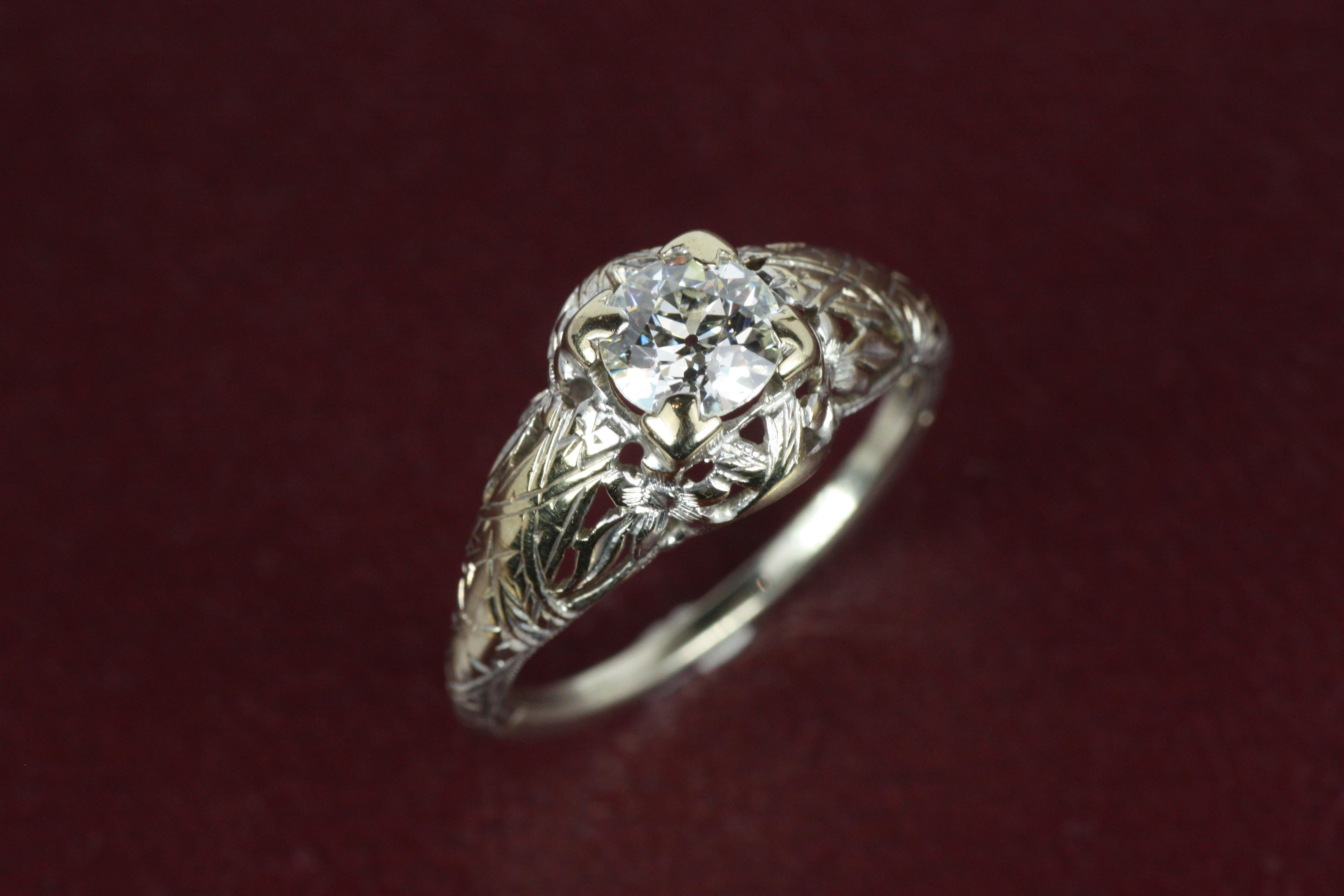 1930s Art Deco Engagement Ring – 0.60ct Old European Cut Diamond For Sale 4