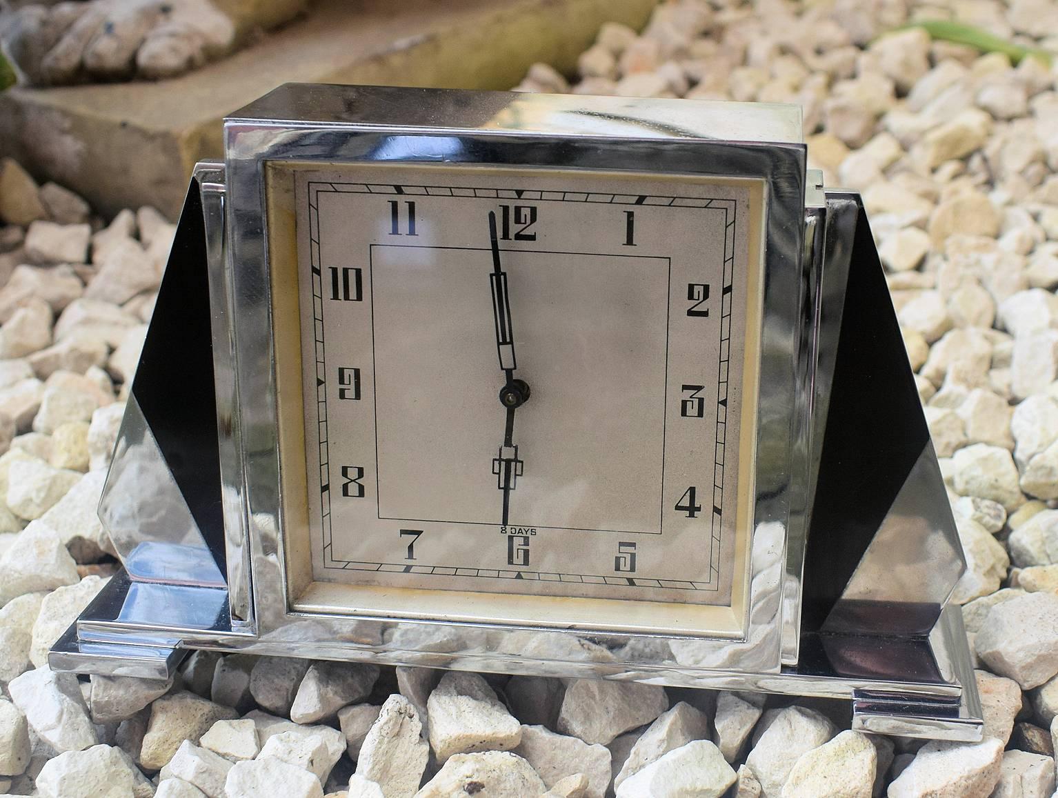 Brass 1930s Art Deco English 8 Day Chrome Clock