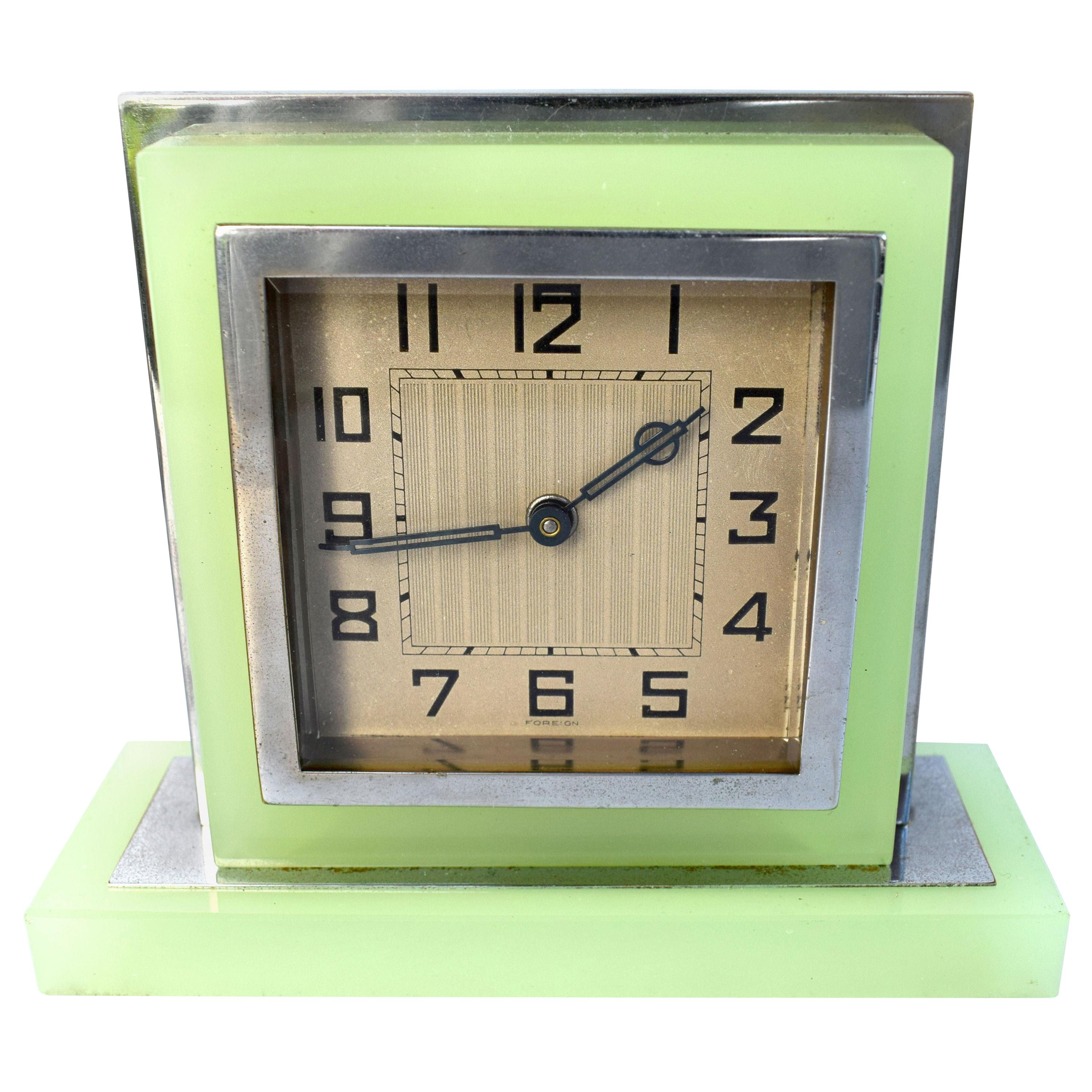 1930s Art Deco English Green Glass and Chrome Clock