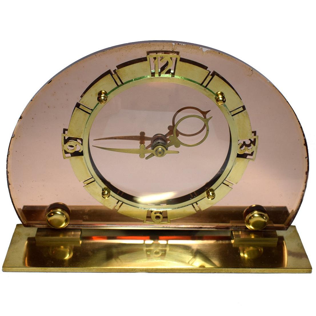 1930s Art Deco English Pink Mirror Clock by Smiths