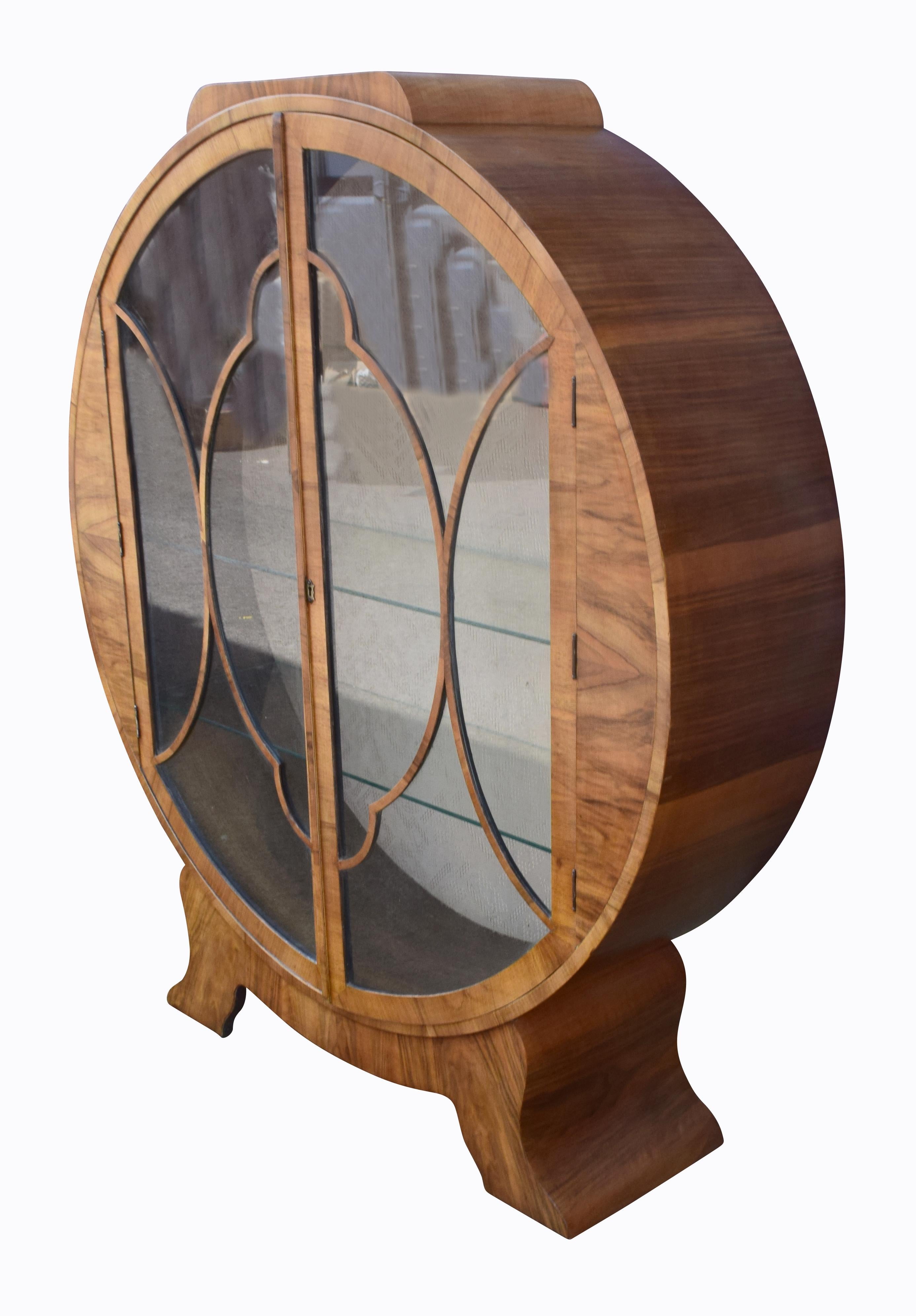 1930s Art Deco English Walnut Round Display Cabinet 3