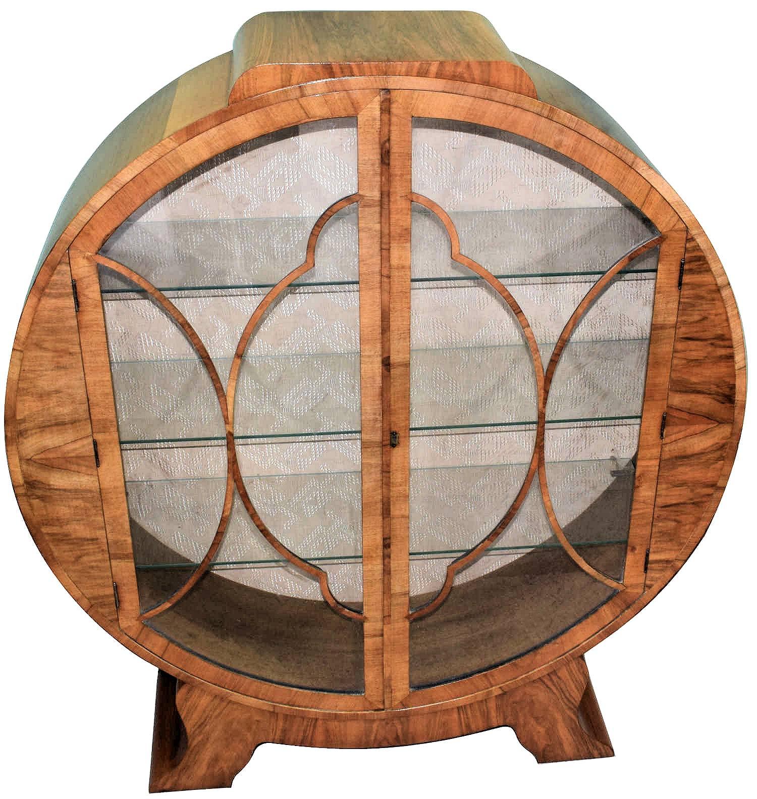 1930s Art Deco English Walnut Round Display Cabinet In Good Condition In Devon, England