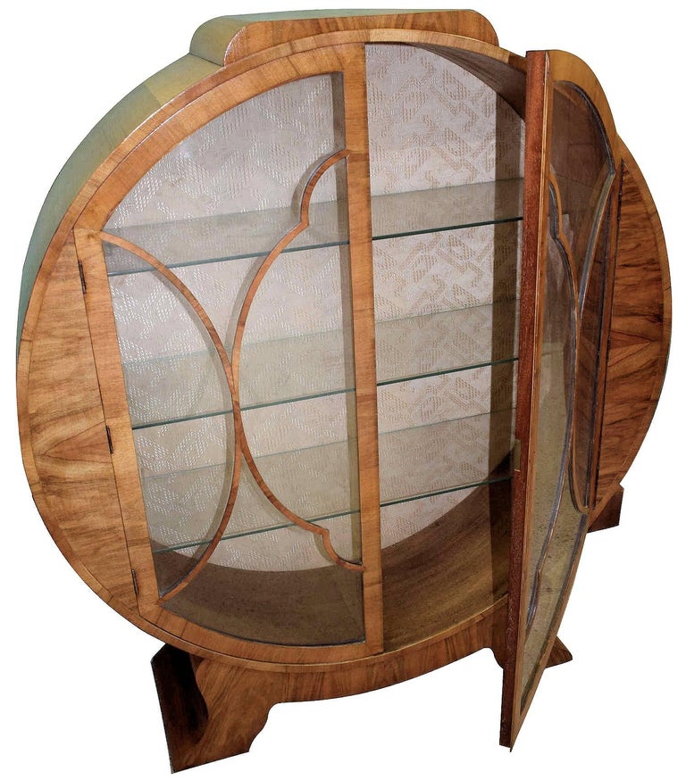 1930s Art Deco English Walnut Round Display Cabinet For Sale At