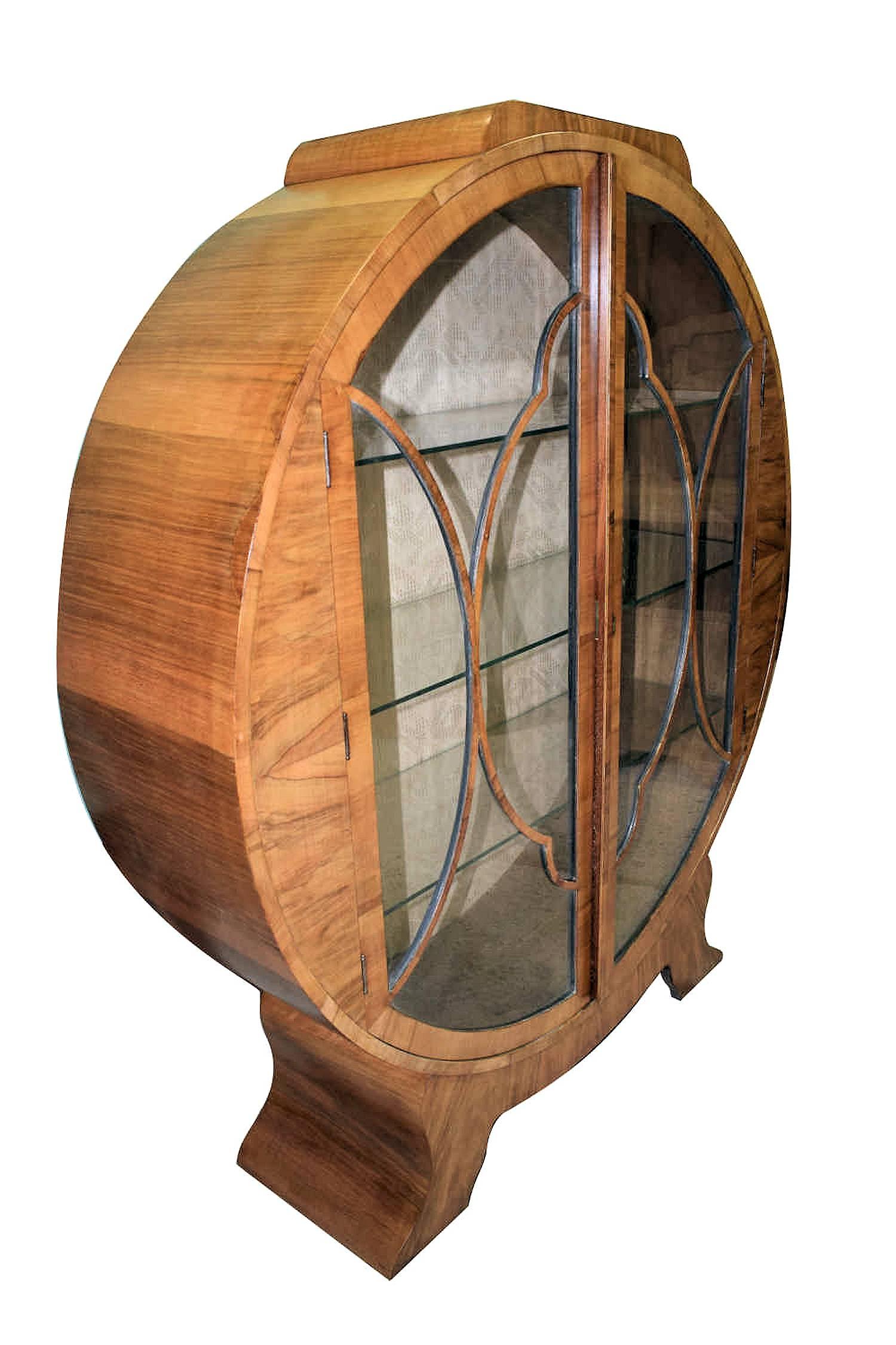 Glass 1930s Art Deco English Walnut Round Display Cabinet