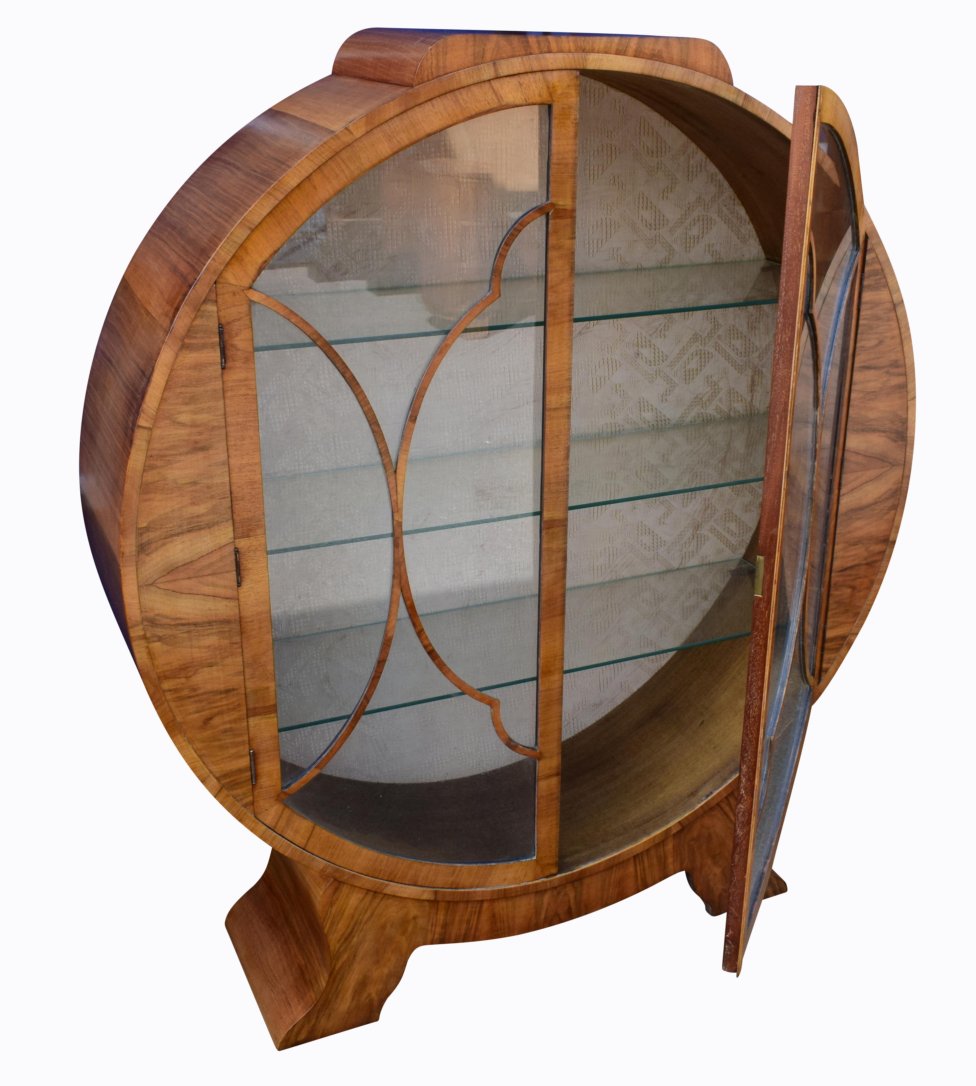 1930s Art Deco English Walnut Round Display Cabinet 1
