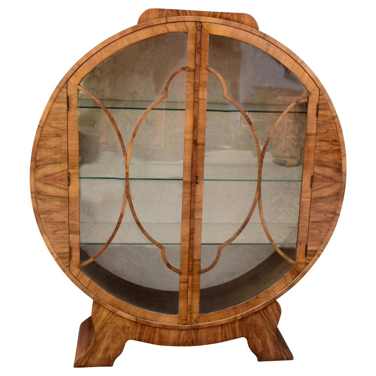 1930s Art Deco English Walnut Round Display Cabinet For Sale At