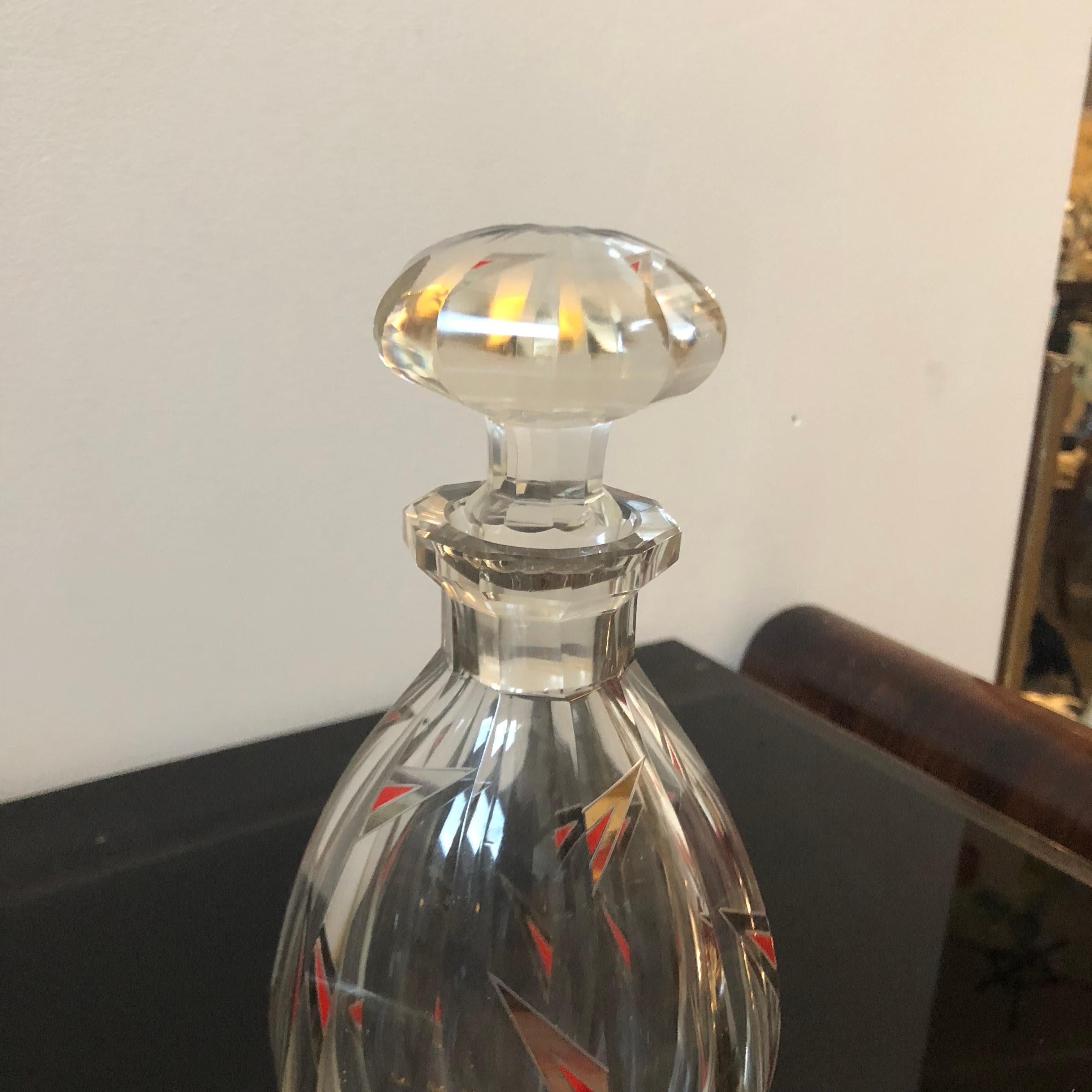 Mid-20th Century 1930s Art Deco Engraved Crystal Italian Bottle For Sale