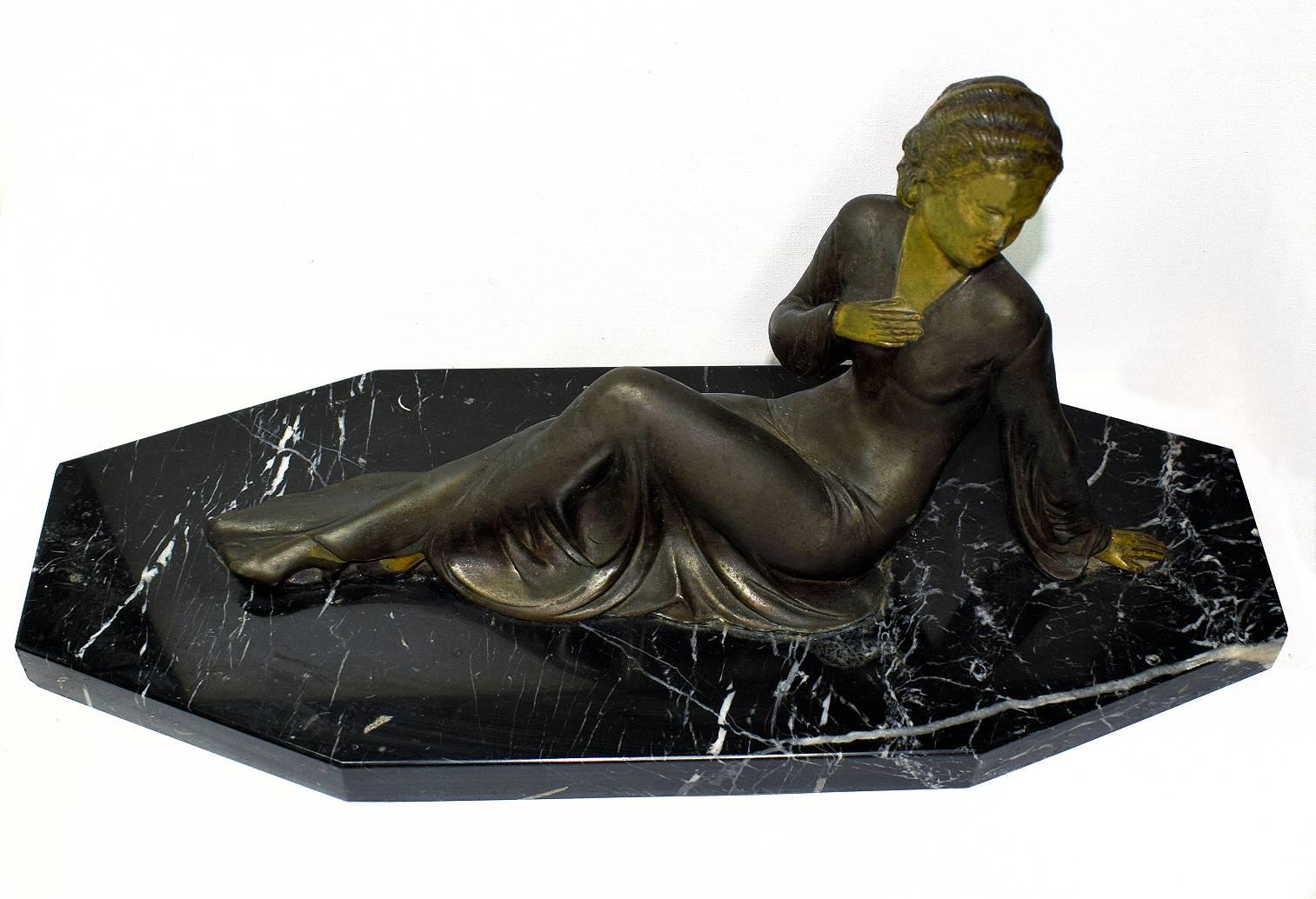 1930s Art Deco Female Spelter French Figure on Solid Marble Base 1