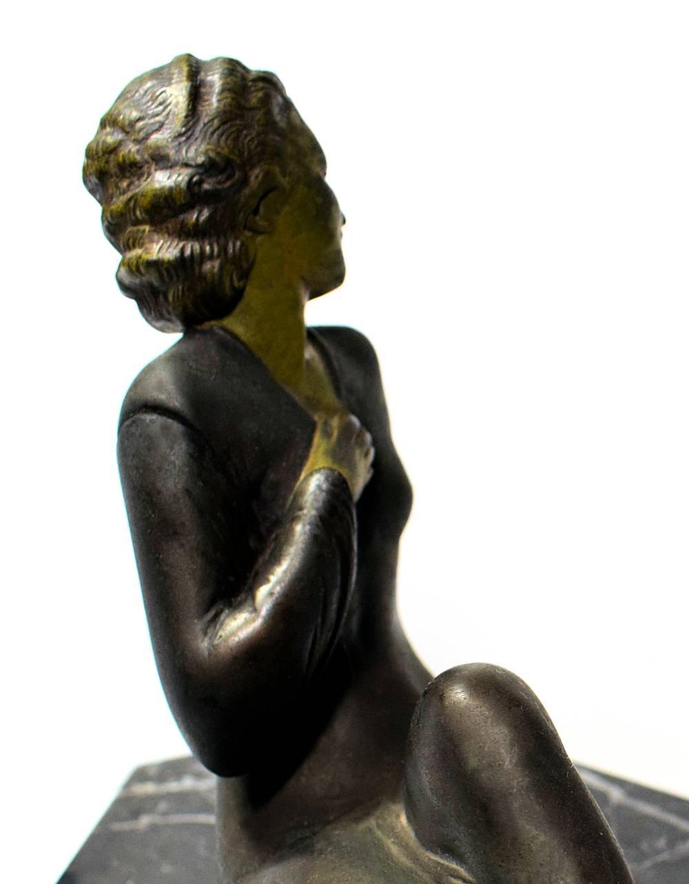 1930s Art Deco Female Spelter French Figure on Solid Marble Base 2