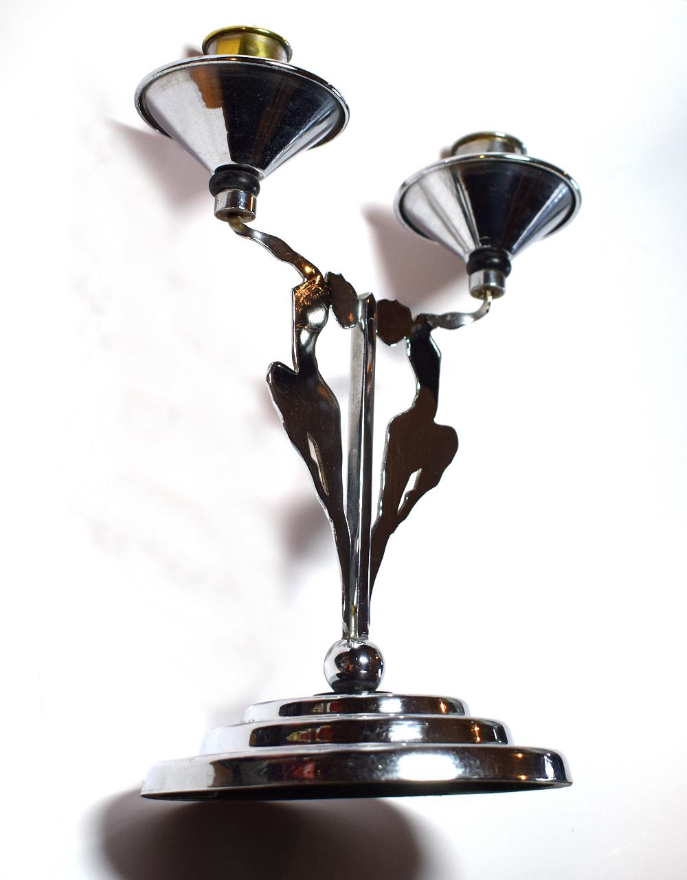 English 1930s Art Deco Figural Chrome Candlestick