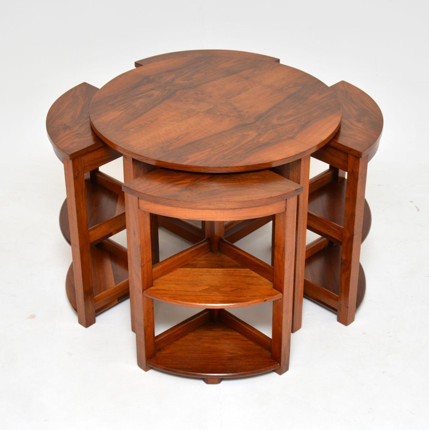 English 1930's Art Deco Figured Walnut Nesting Coffee Table