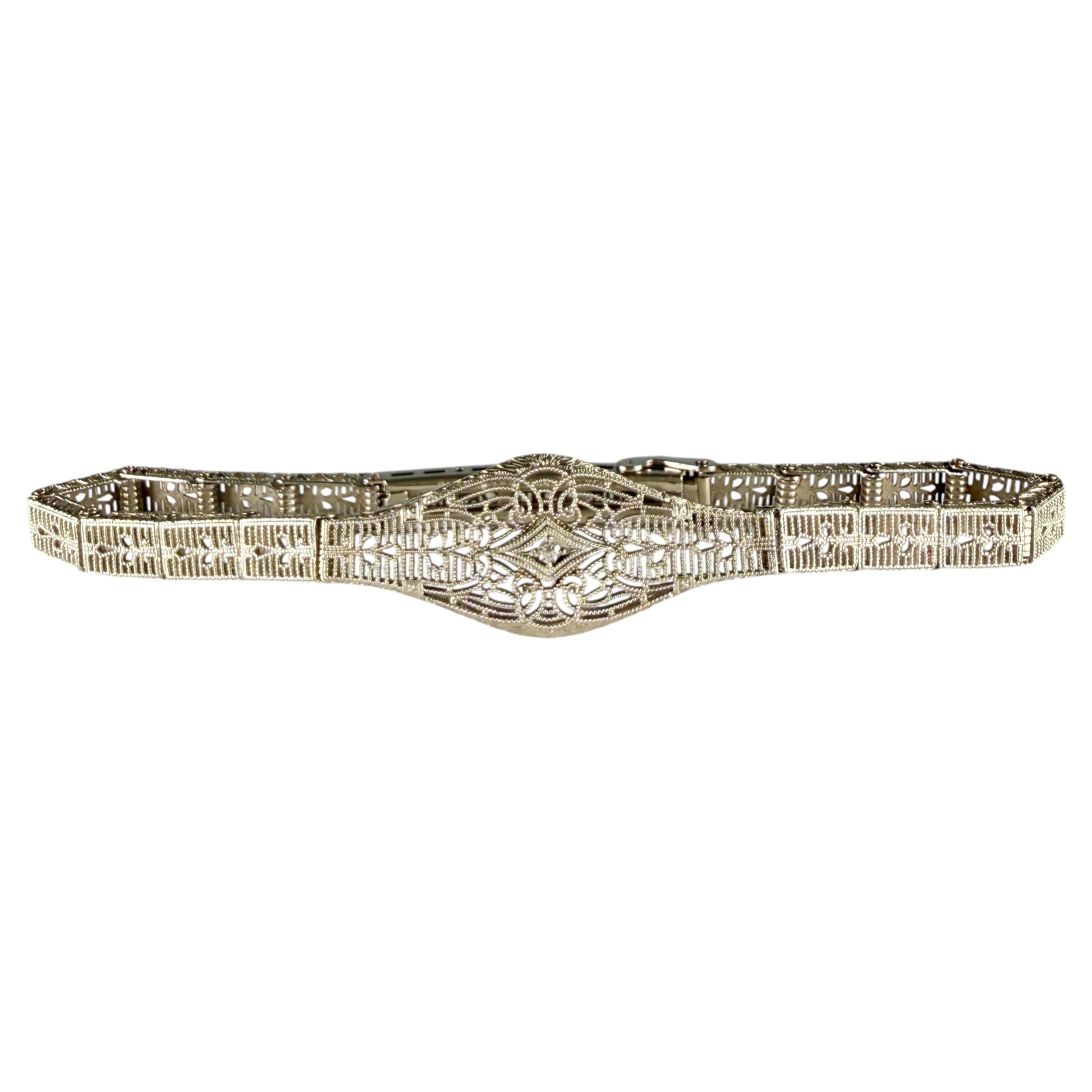 1930's Art Deco Filigree Bracelet made by Esemco 10k White Gold