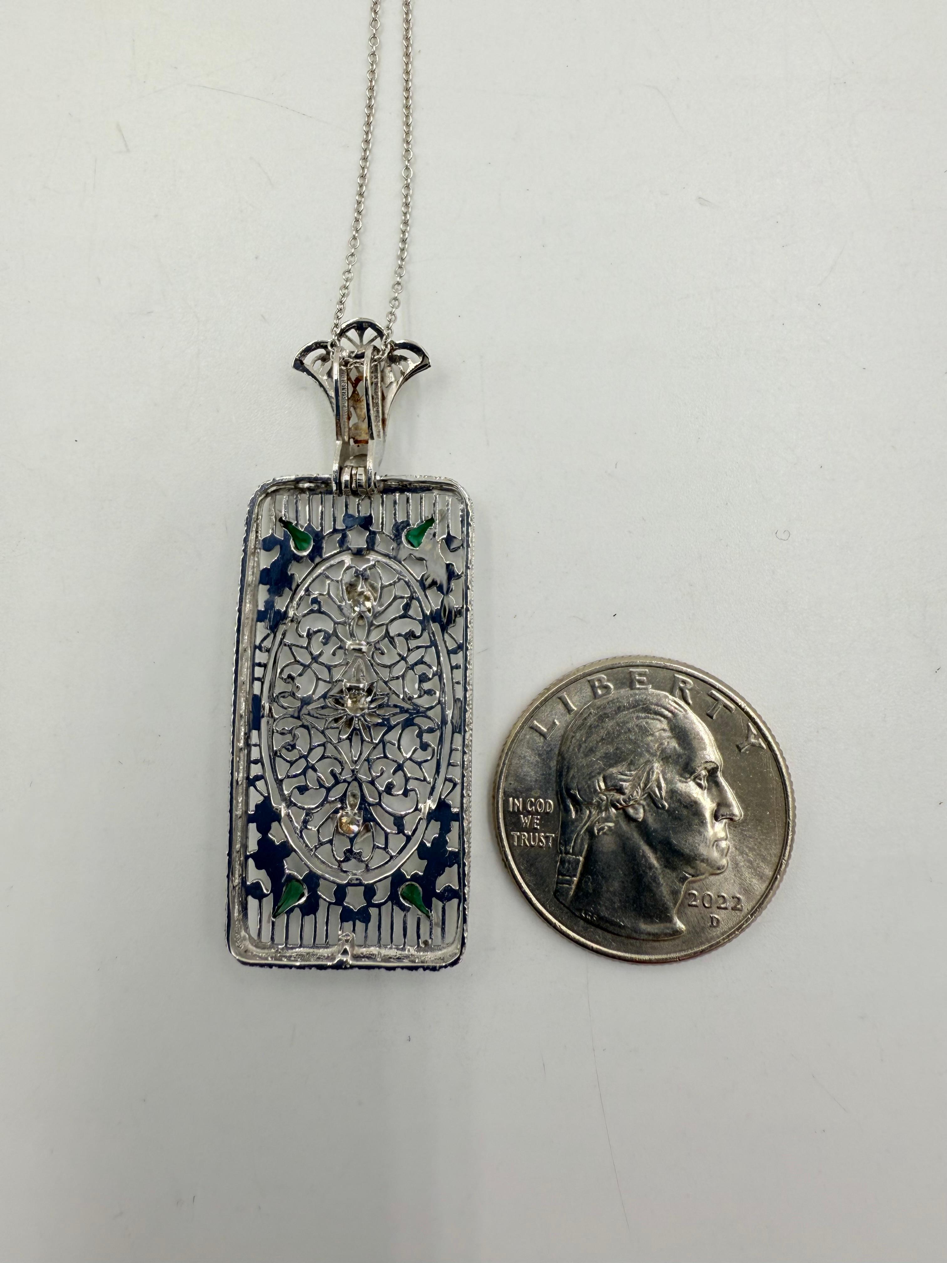 Collana con ciondolo in oro bianco 14k con diamanti in filigrana Art Deco 1930 in vendita 2