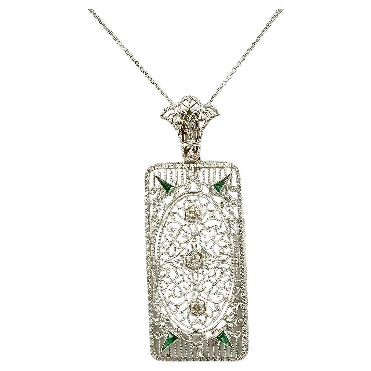 1930er Jahre Art Deco Filigran Diamant 14k Weißgold Anhänger Halskette