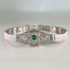 1930's Art Deco Filigree Turquoise and Old European Diamond Bracelet 14k White G