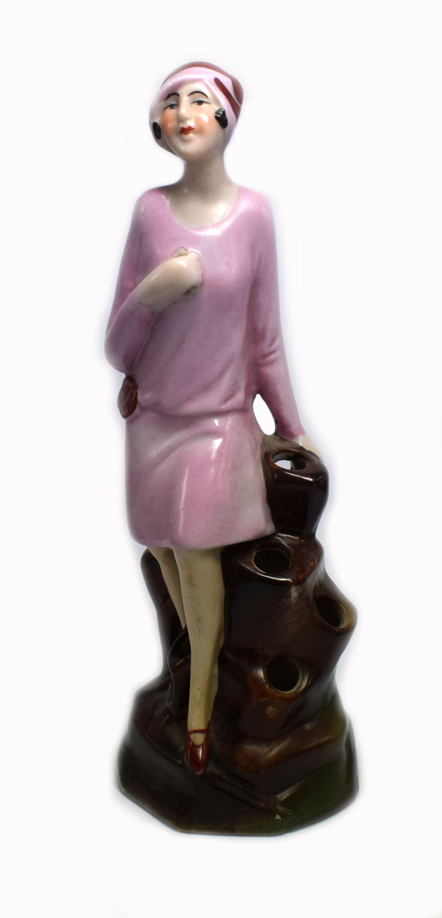 For your consideration is this very charming and totally authentic early 1930s Art Deco flapper girl posy holder. Part of the half doll, pin cushion doll family this beautiful figure is an absolute delight and quite a rarity. Wonderful coloring to
