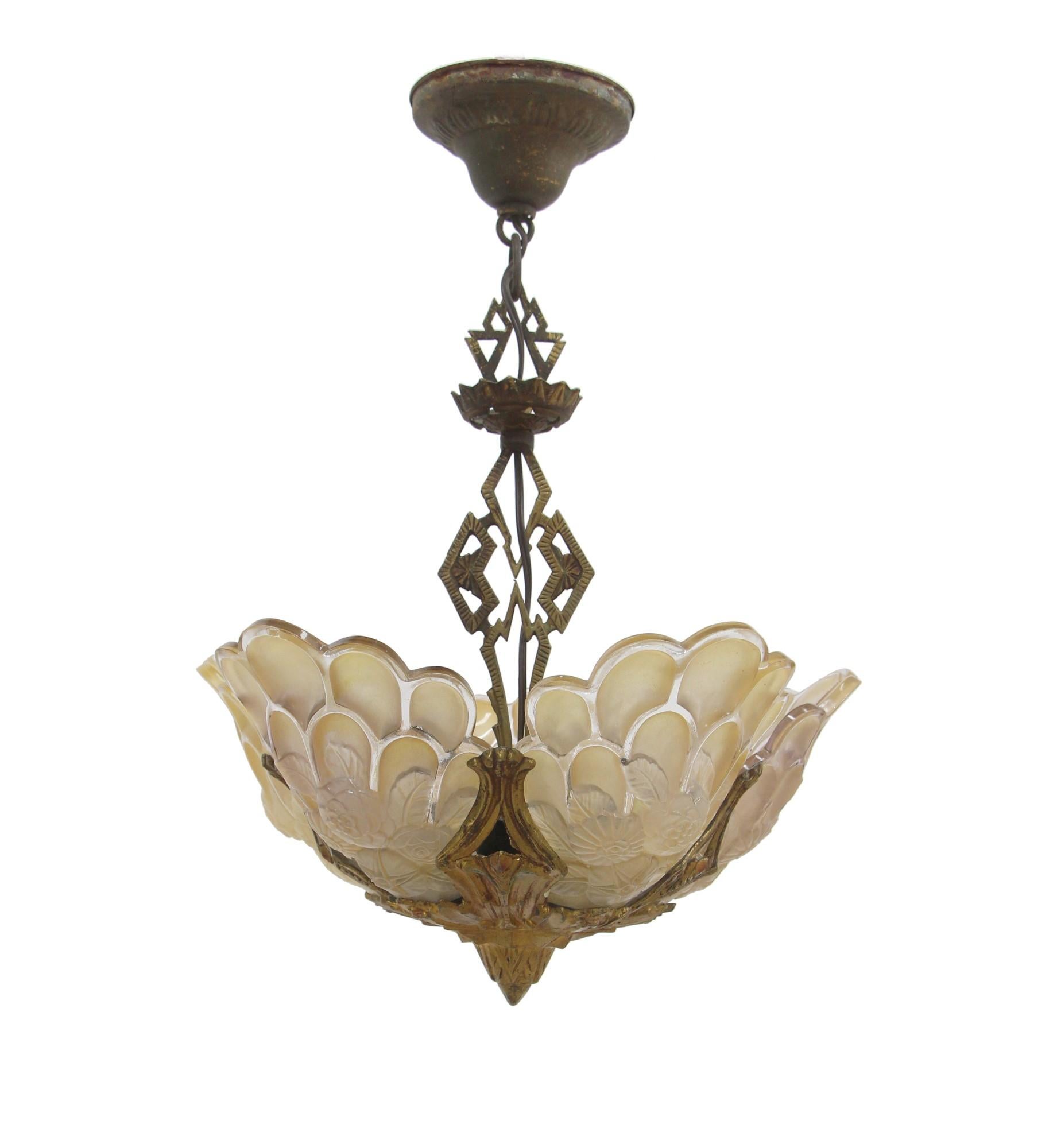 Art Deco slip shade pendant chandelier with frosted floral tan slip shades from the 1930s. This can be seen at our 400 Gilligan St location in Scranton, PA.